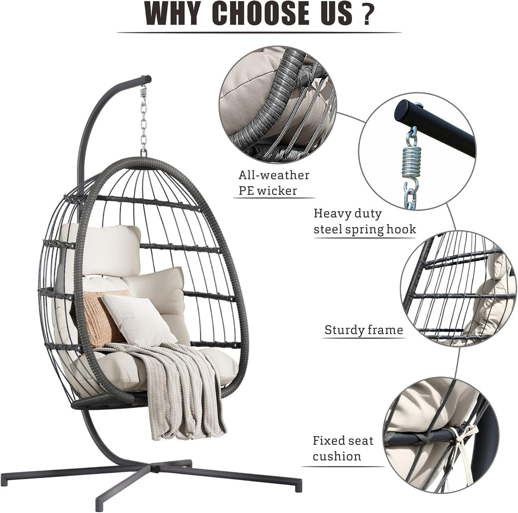 HWB Hanging Egg Chair with Stand, Patio Wicker Egg Swing Chair with Cushion for Bedroom Garden Indoor Outdoor (Beige)