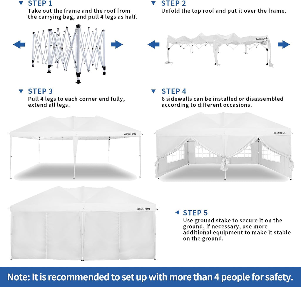 OASISHOME Pop-up Gazebo Canopy Tent 10'x20' with 6 Removable Sidewalls, Windows, Stakes, Ropes, Carry Bag,Suitable for Patio, Outdoor, Wedding Parties&Commercial Events (White, 10X20)