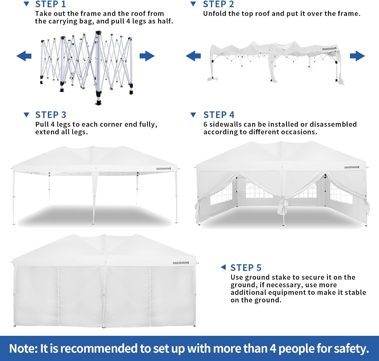 OASISHOME Pop-up Gazebo Canopy Tent 10'x20' with 6 Removable Sidewalls, Windows, Stakes, Ropes, Carry Bag,Suitable for Patio, Outdoor, Wedding Parties&Commercial Events (White, 10X20)