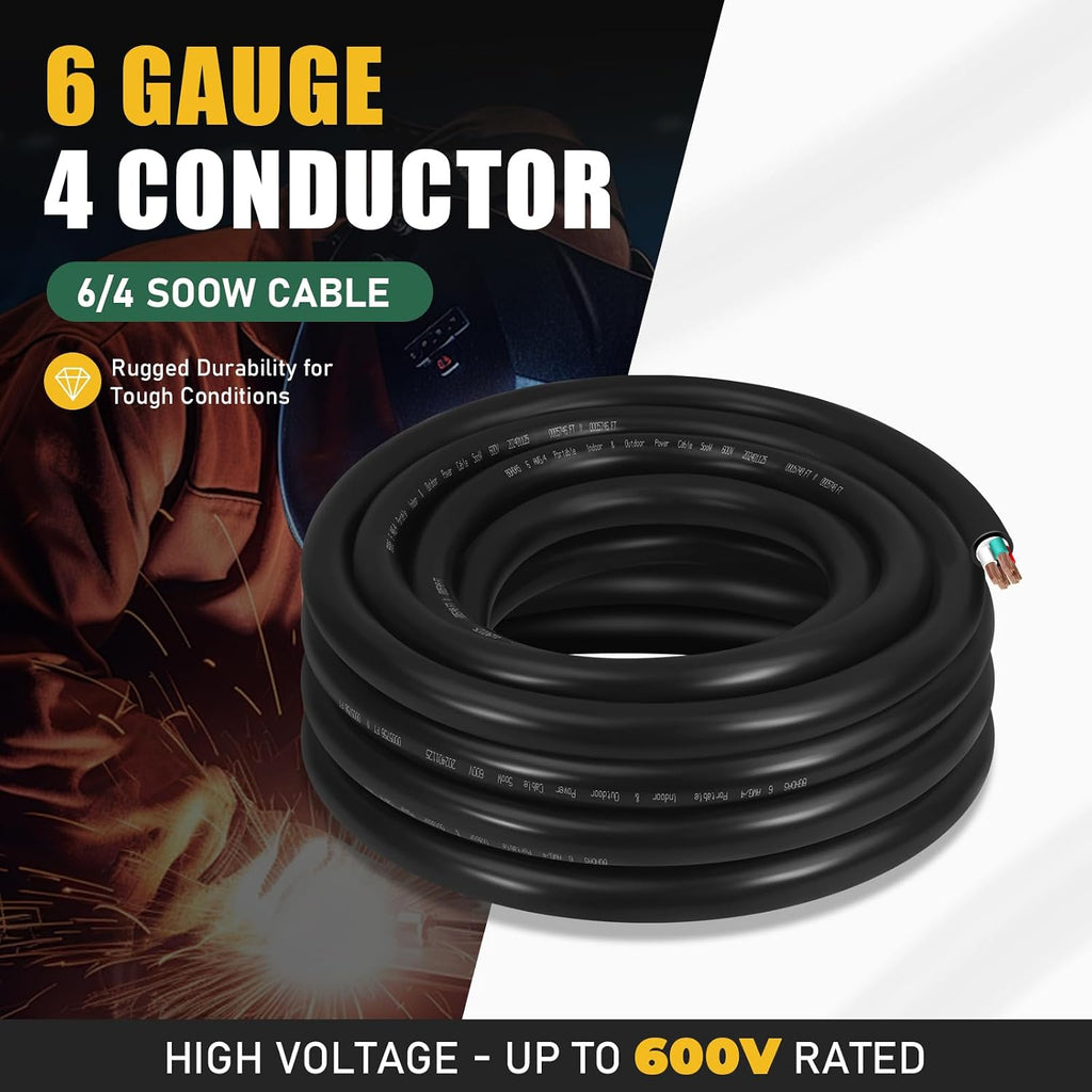 15ft 6/4 6 AWG Portable Power Cable (4 Conductor) - SOOW 600V 6 Gauge Electric Wire for Motor Leads, Generator, Portable Lights, Car Battery Chargers and Machinery - 15 Feet Electrical Cord