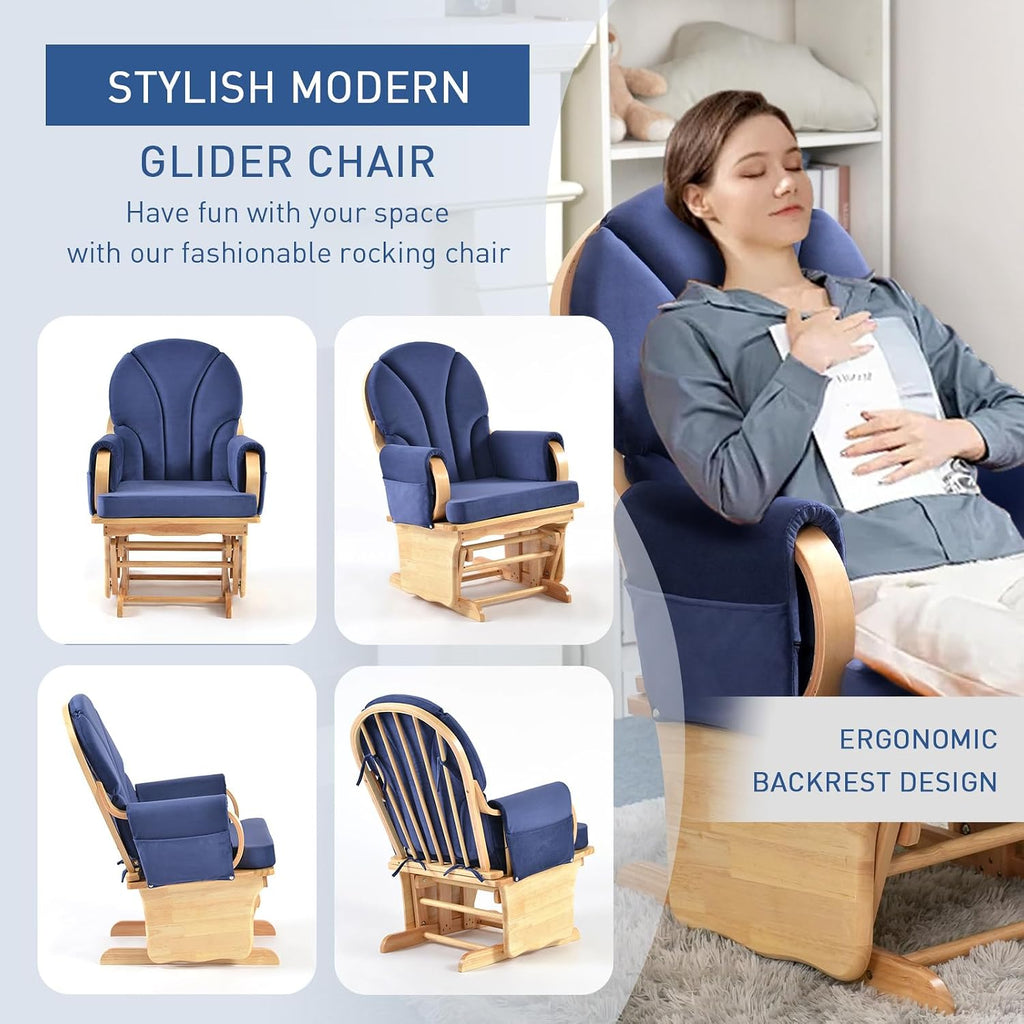 Wood Base Glider Rocker Chair, Baby Feeding and Rocking Chair Nursery Rocking Chairs with Silent Swing Solid Hardwood Base for Nursery, Living Room, Bedroom, Classroom(Natural Wood Blue)
