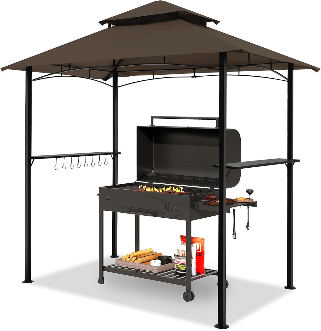 GARTOO 8'x5' Outdoor Grill Gazebo - Double Roof BBQ Gazebo Canopy with 2 Side Shelves and LED Lights, Patio BBQ Pergola Shelter for Garden, Porch and Backyard (Brown)