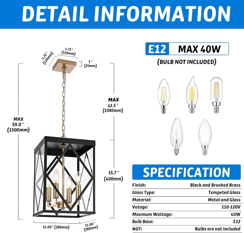 Outdoor Pendant Light for Porch, 4-Light Modern Metal Exterior Hanging Lantern Pendant Light Outside Chandelier Black with Clear Glass or Front Porch Entrance Foyer Entryway, Brass Socket