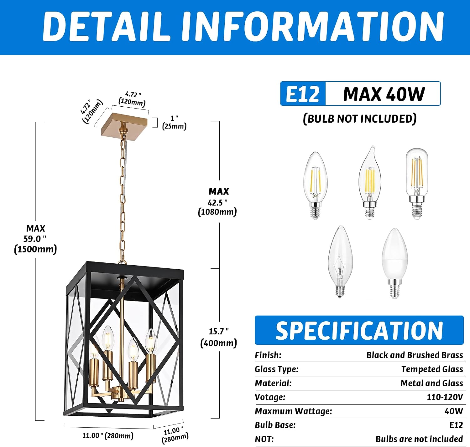 Outdoor Pendant Light for Porch, 4-Light Modern Metal Exterior Hanging Lantern Pendant Light Outside Chandelier Black with Clear Glass or Front Porch Entrance Foyer Entryway, Brass Socket