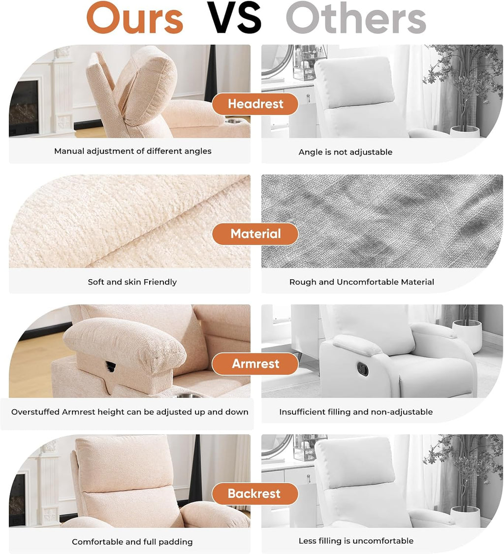 Swivel Rocker Recliner with Adjustable Armrests, Rocking Nursery Chair with Adjustable Headrest, Cup Holder, Manual Recliner Nursing Chair for Breastfeeding, Chenille Beige