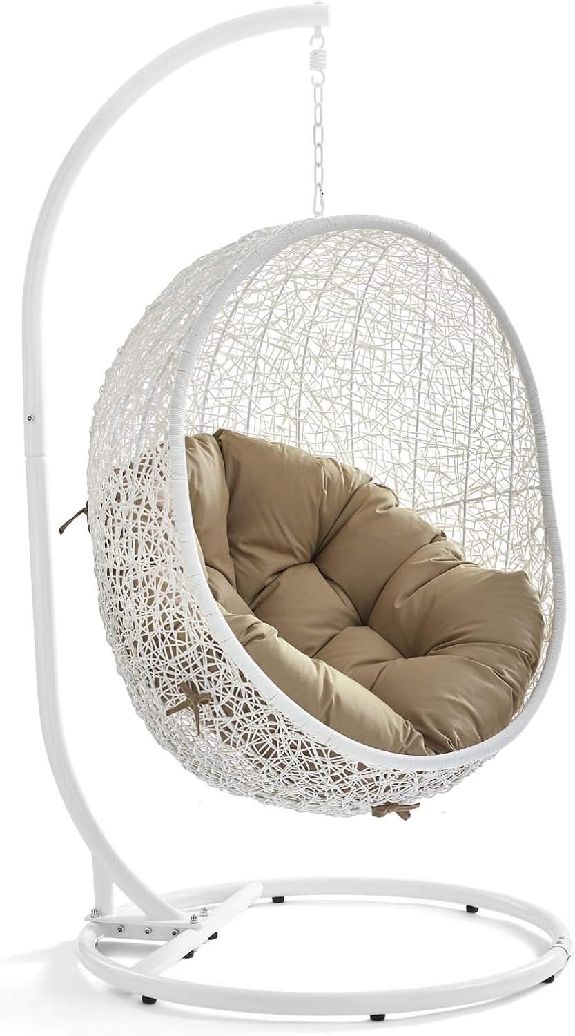 Modway Hide Wicker Rattan Outdoor Patio Porch Lounge Egg Swing Chair Set with Stand in White Mocha