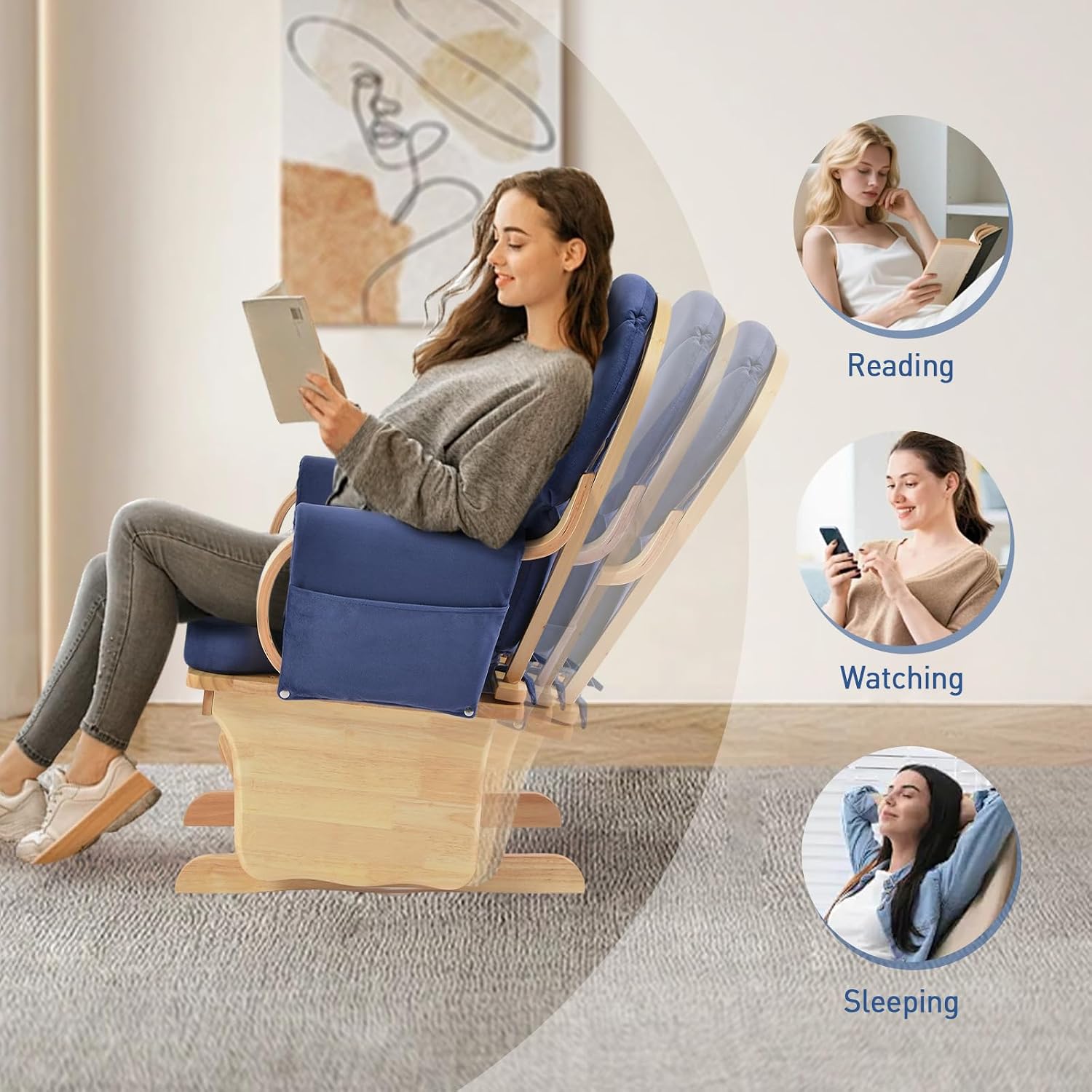 Wood Base Glider Rocker Chair, Baby Feeding and Rocking Chair Nursery Rocking Chairs with Silent Swing Solid Hardwood Base for Nursery, Living Room, Bedroom, Classroom(Natural Wood Blue)