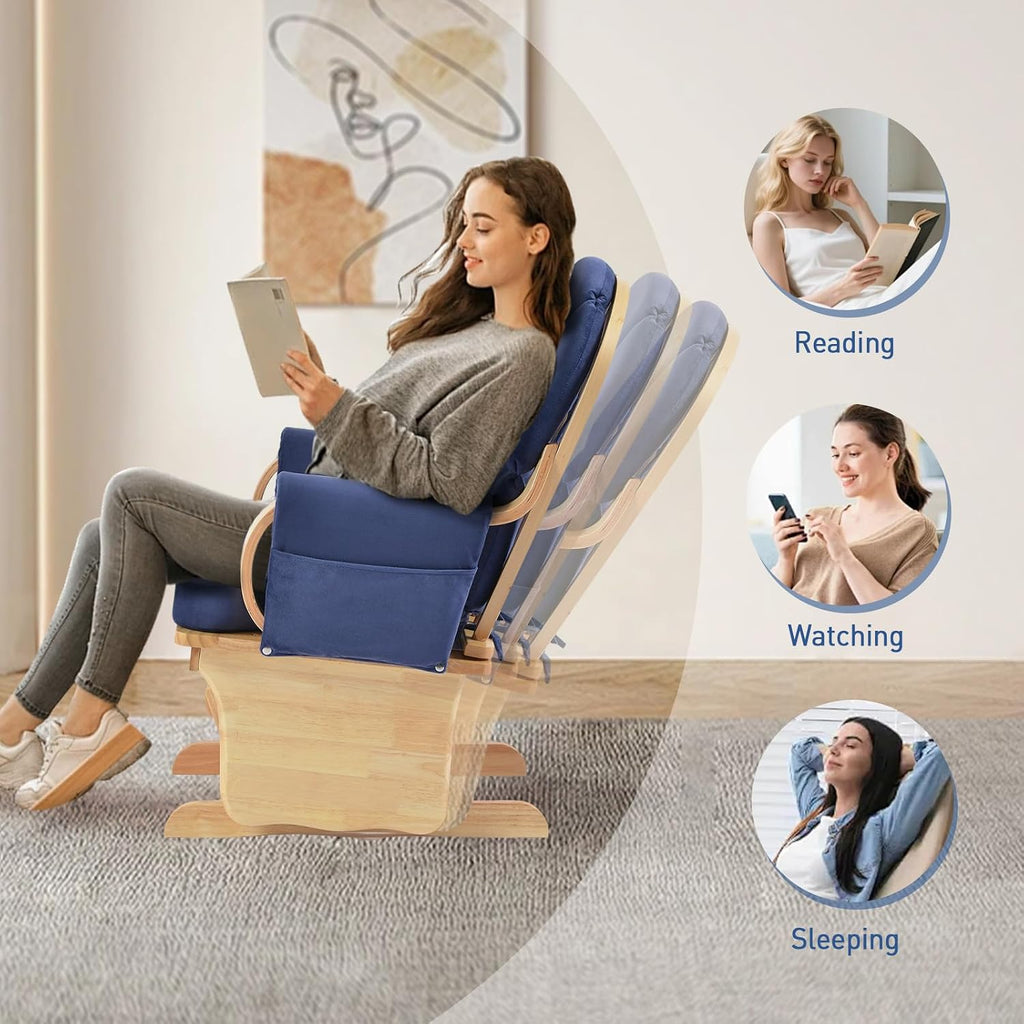 Comfortable Solid Wood Glider Rocker Chair with Plush Velvet Cushion Weight Bearing 280LBS - Modern Rocking Chair for Living Room, Nursery, Reading Nook - Blue+Natural Wood Color
