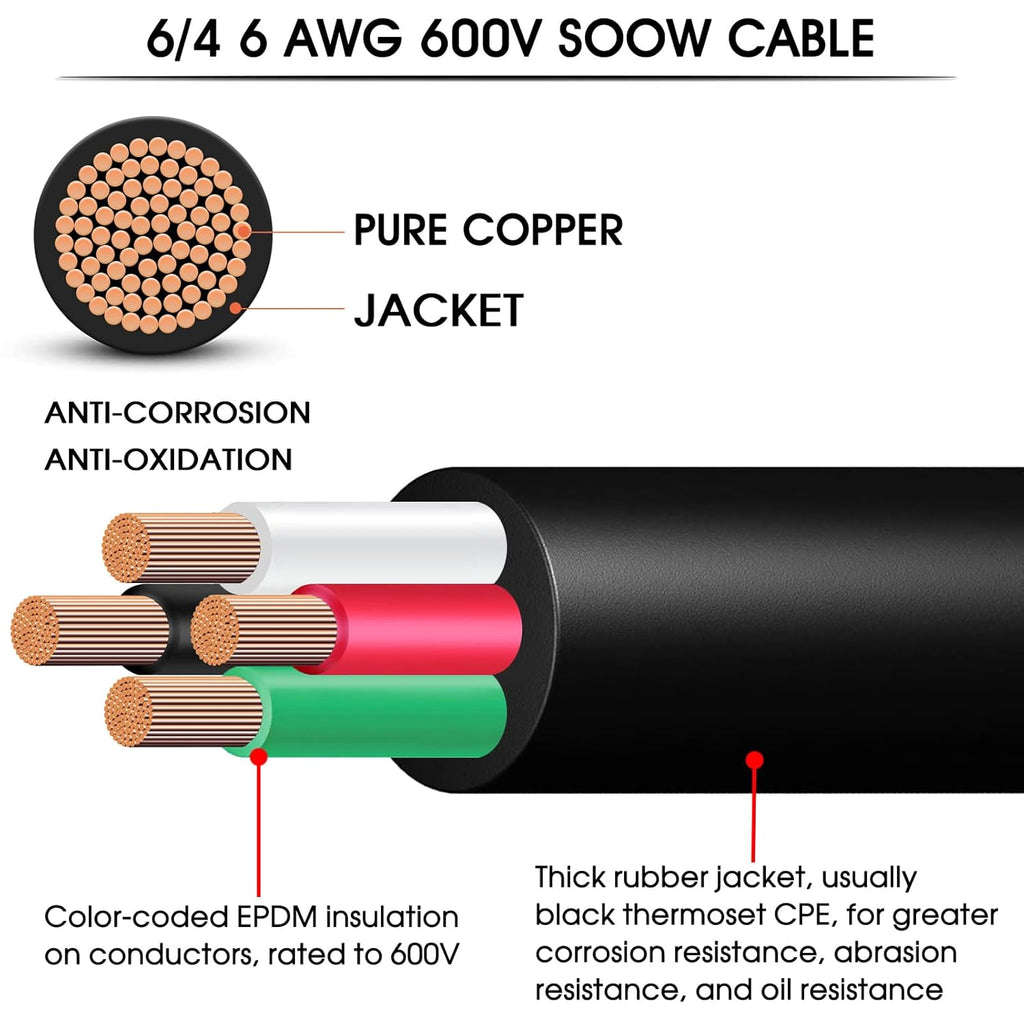 20ft 6/4 Wire SOOW Cable 6/4 Portable Power Cable,6 Gauge Wire 4 Conductor 600V SOOW Electrical Wire,50amp Extension Cord for Welder,Generator,Industrial SOOW Bulk Cord with UL, Outer Dia 27.2mm