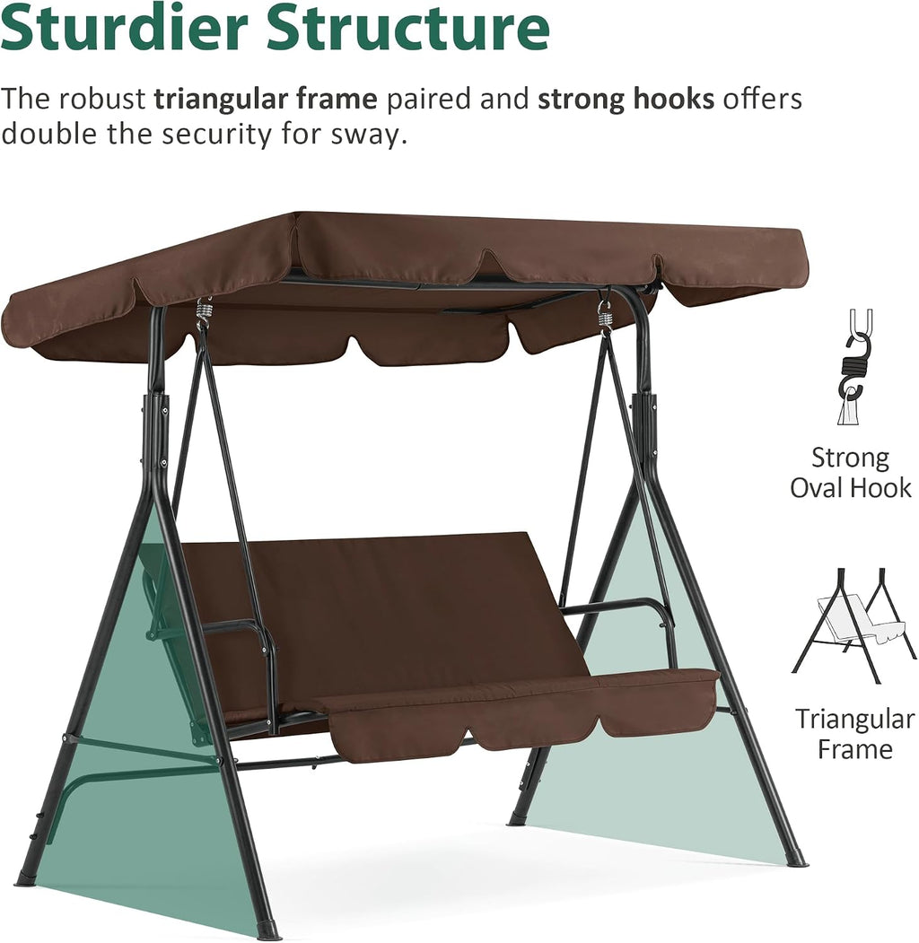 MCombo 2-3 Person Outdoor Patio Swing Chair, Convertible Canopy Hanging Swing Glider Lounge Chair, Removable Cushions, 4003 (Brown)