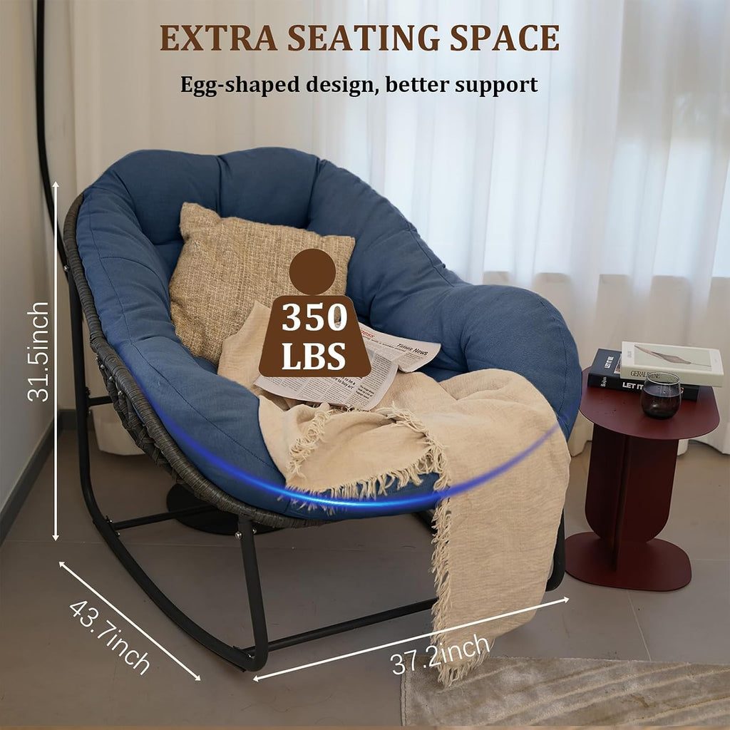 Papasan Rocking Chair, Oversized Rocking Papasan Chair Rattan Papasan Chair w Cushion, Wicker Egg Chair Rocker Outdoor Front Porch Chair, Big Comfy Rocking Chair for Outdoor(Navy Blue)