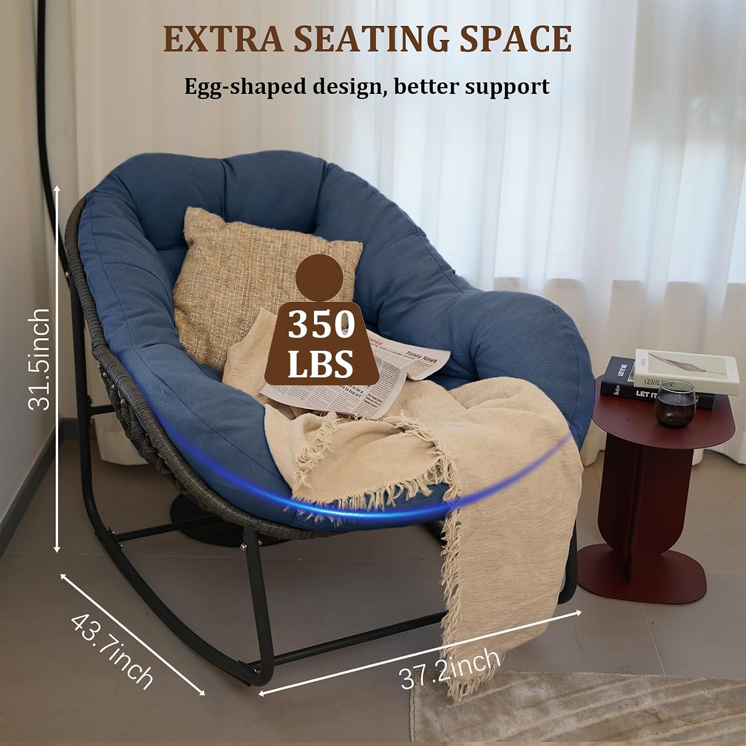 Papasan Rocking Chair, Oversized Rocking Papasan Chair Rattan Papasan Chair w Cushion, Wicker Egg Chair Rocker Outdoor Front Porch Chair, Big Comfy Rocking Chair for Outdoor(Navy Blue)