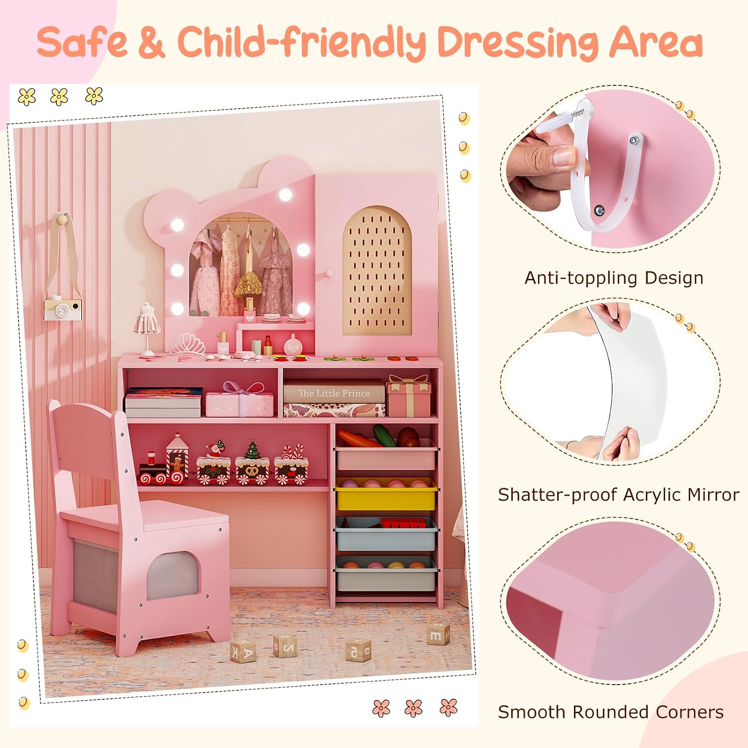 Costzon Kids Vanity with Lights, Girls Vanity Set with Mirror, Storage Drawers, Cabinet & Shelves, Toddler Makeup Vanity Desk Dressing Table, Wooden Kids Vanity Table and Chair Set (Pink)