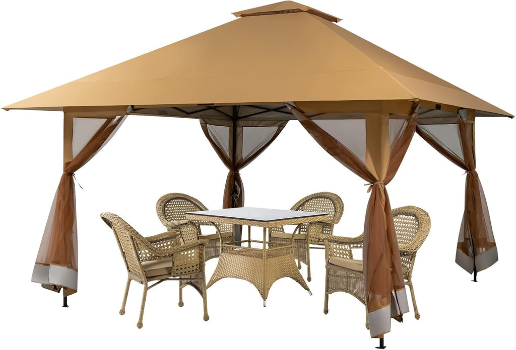 Tangkula 13x13 Ft Pop Up Gazebo with Netting, 2 Tier Patio Gazebo with Center Lock, Mesh Sidewalls, 4 More Ribs, Wheeled Bag, Easy Setup Instant Outdoor Shelter for Garden, Deck, Backyard, UPF50+