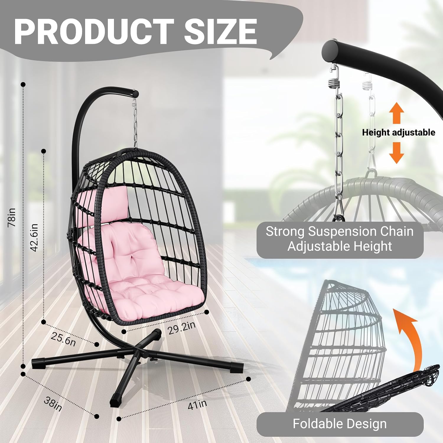 LEVELEVE Egg Chair with Stand,Patio Rattan Wicker Hanging Swing Egg Chair Hammock Chair for Bedroom Porch Garden,Thickened Aluminum Alloy Steel Frame and UV Resistant Cushion,350LBS Capacity