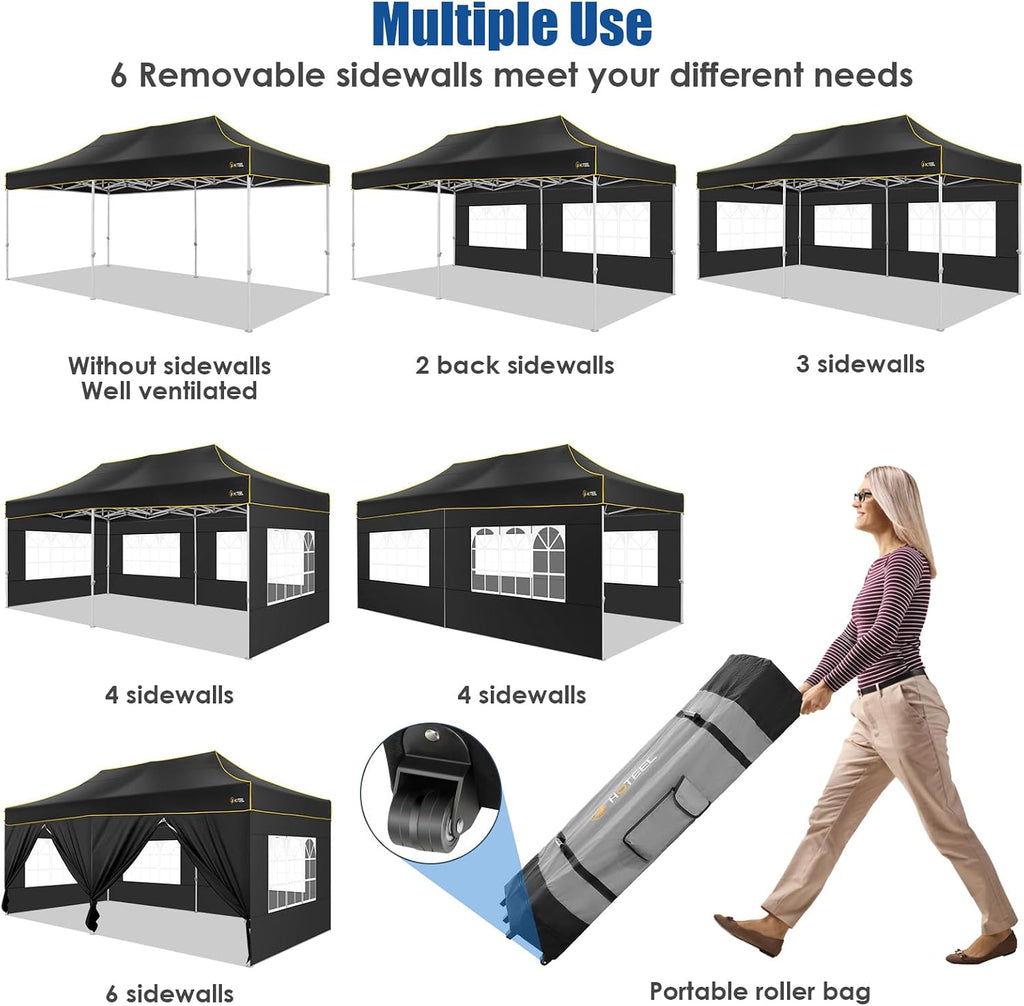 HOTEEL 10x20 Heavy Duty Pop up Canopy Tent with 6 Sidewalls, Easy Setup Outdoor Commercial Instant Tent for Parties Wedding Event, with Roller Bag & Sand Bags, Black(Hexagonal Frame)