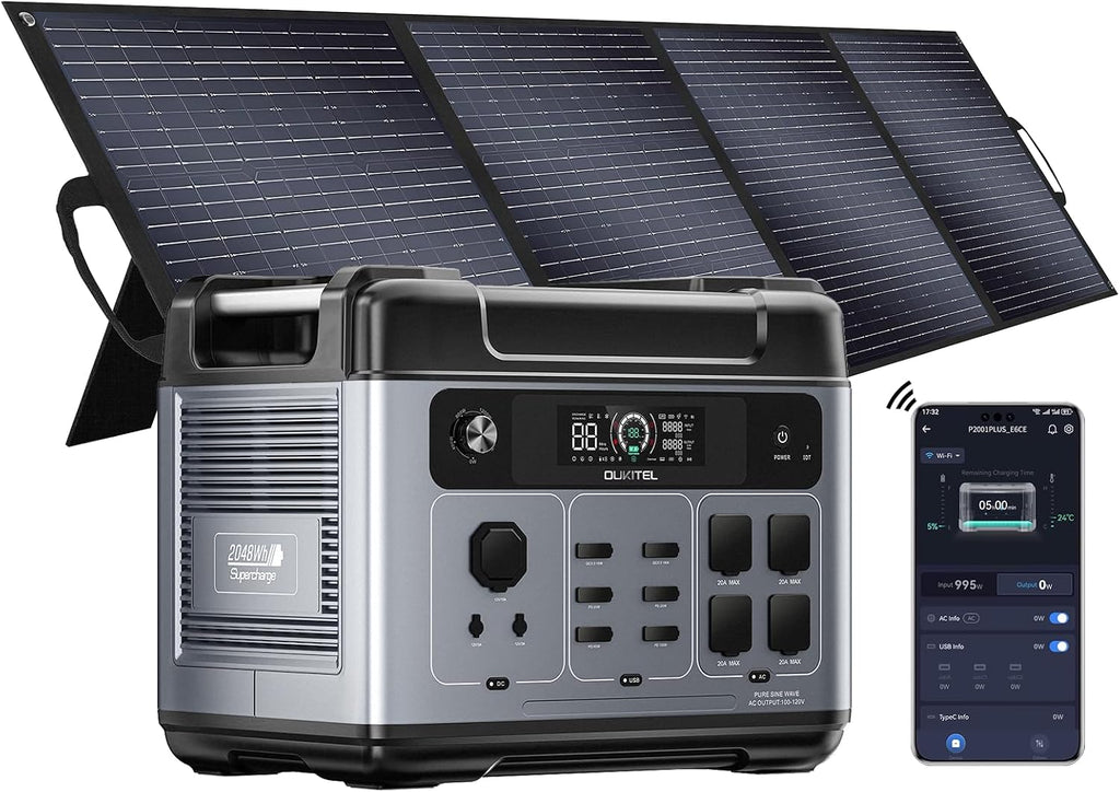 OUKITEL P2001 Plus 2400W Solar Generator with 200W Solar Panel, 2048Wh Solar Power Station with 4 AC Outlets(5000W Peak), 1.5H Full Charging, APP Control Battery Backup for Home, Camping & RVs