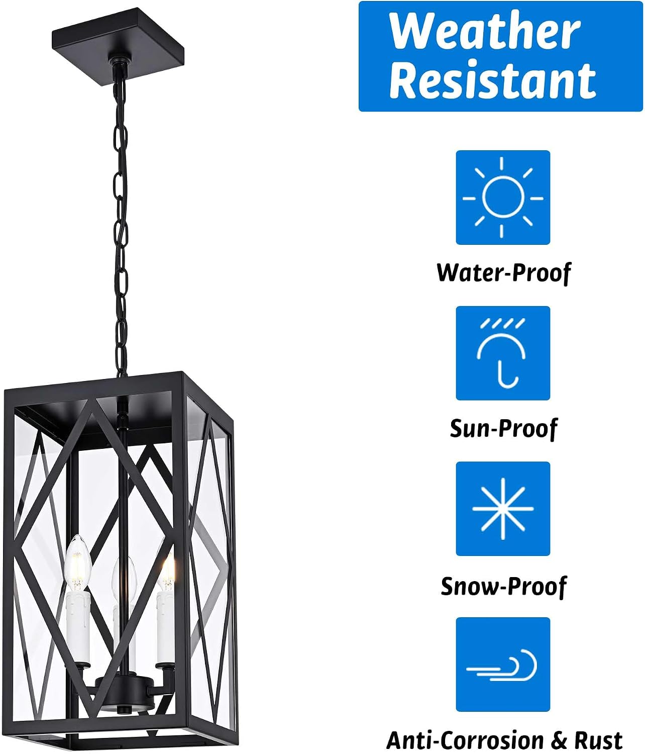 3 Light Outdoor Pendant Lights for Porch, 15.7'' Waterproof Exterior Hanging Porch Lights Ceiling Mount Outdoor Chandelier with Clear Glass for Front Porch Gazebo Patio, White Socket
