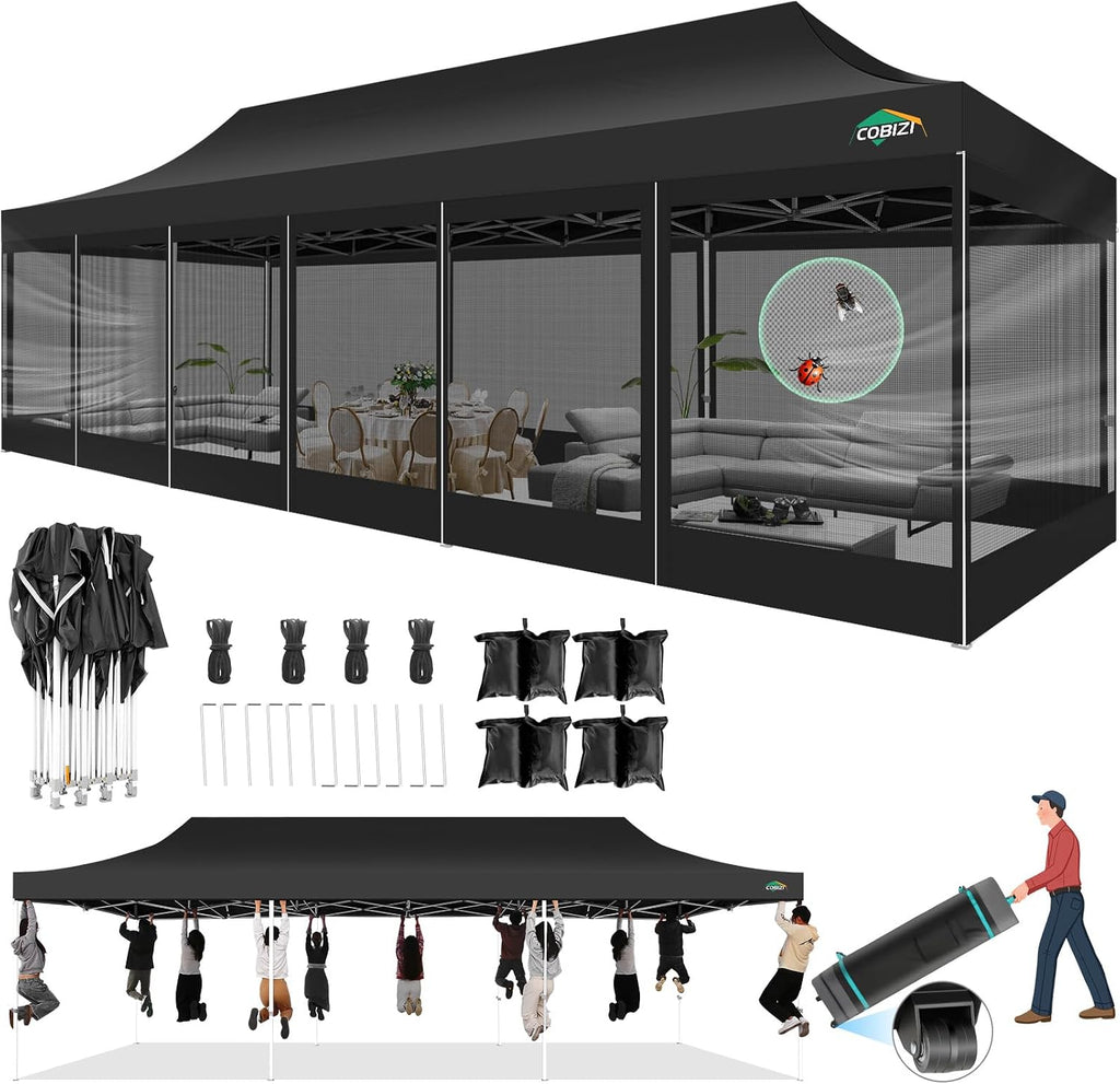 COBIZI 10x30 Pop Up Canopy with Sidewalls, Heavy Duty Canopy with Mosquito Netting, Easy up Screen Party Tents for Parties Backyard Outdoor Commercial Event Gazebo with Roller Bag, Sandbags, Black