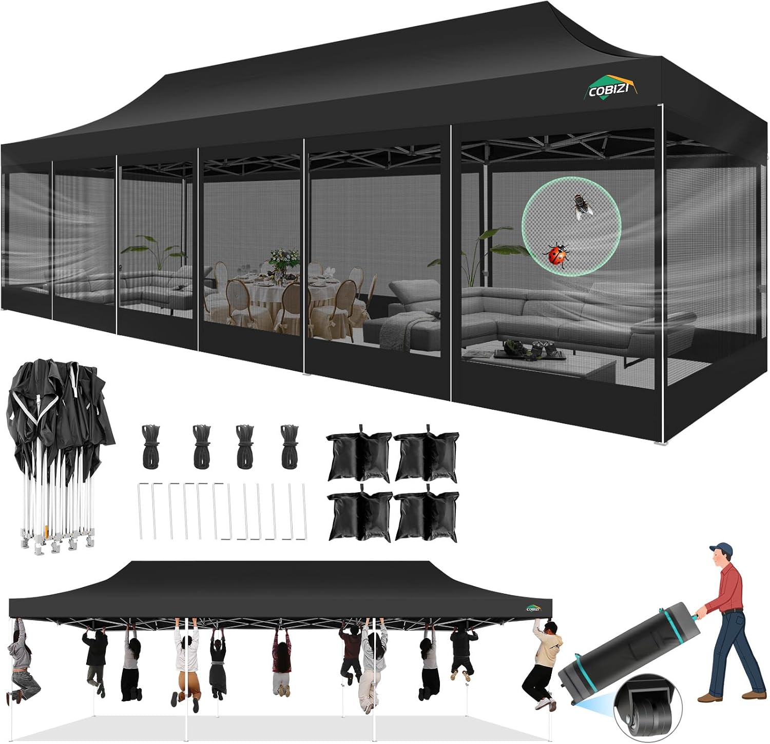 COBIZI 10x30 Pop Up Canopy with Sidewalls, Heavy Duty Canopy with Mosquito Netting, Easy up Screen Party Tents for Parties Backyard Outdoor Commercial Event Gazebo with Roller Bag, Sandbags, Black