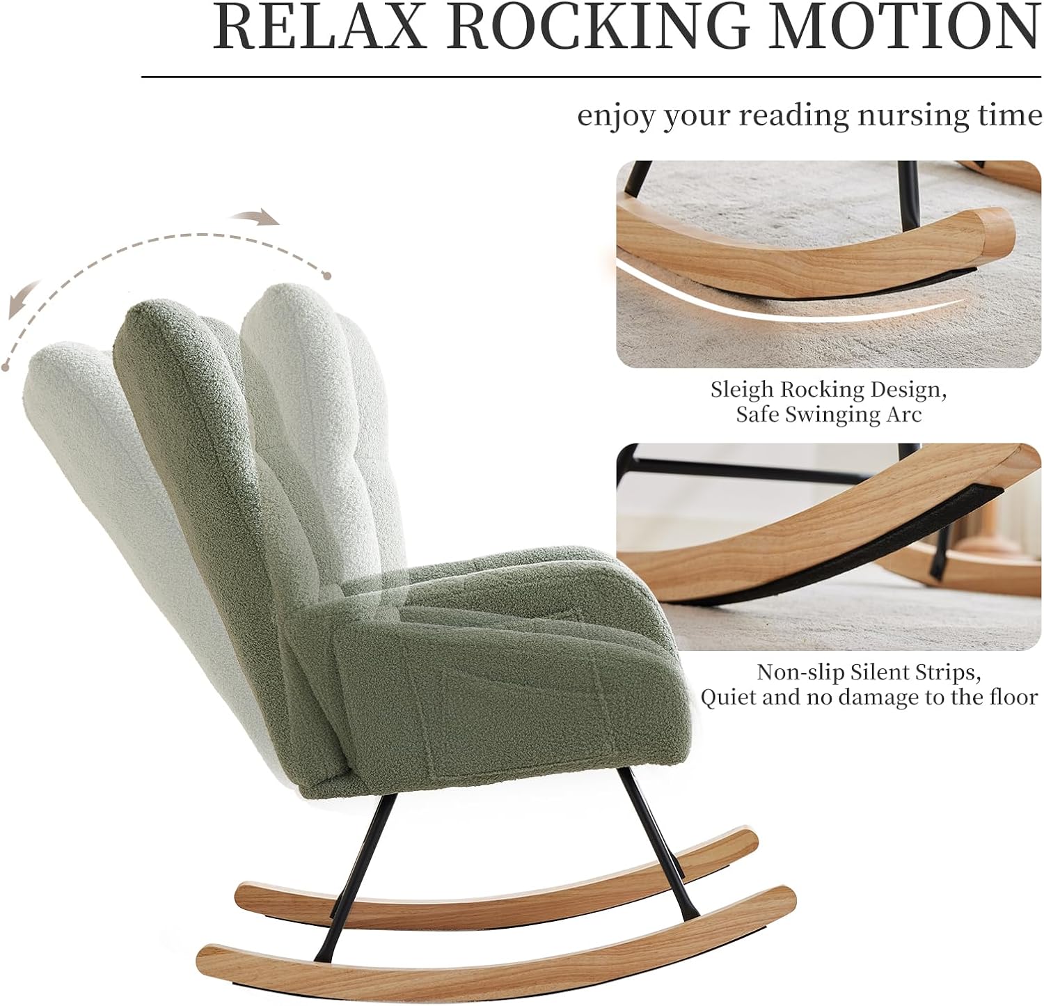 GarveeHome Rocking Chair Nursery, Teddy Upholstered Glider Chair with High Backrest, Armrest and Side Pockets, Modern Comfy Accent Armchair Reading Chair for Bedroom, Living Room