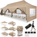 COBIZI 10x30 Pop up Canopy with Roller Bag & 8 Removable Sidewalls, Canopy Tent for Parties, Wedding, and Commercials, Waterproof and Instant Shelter UV50+ Outdoor Gazebo with 4 Sandbags(Khaki)