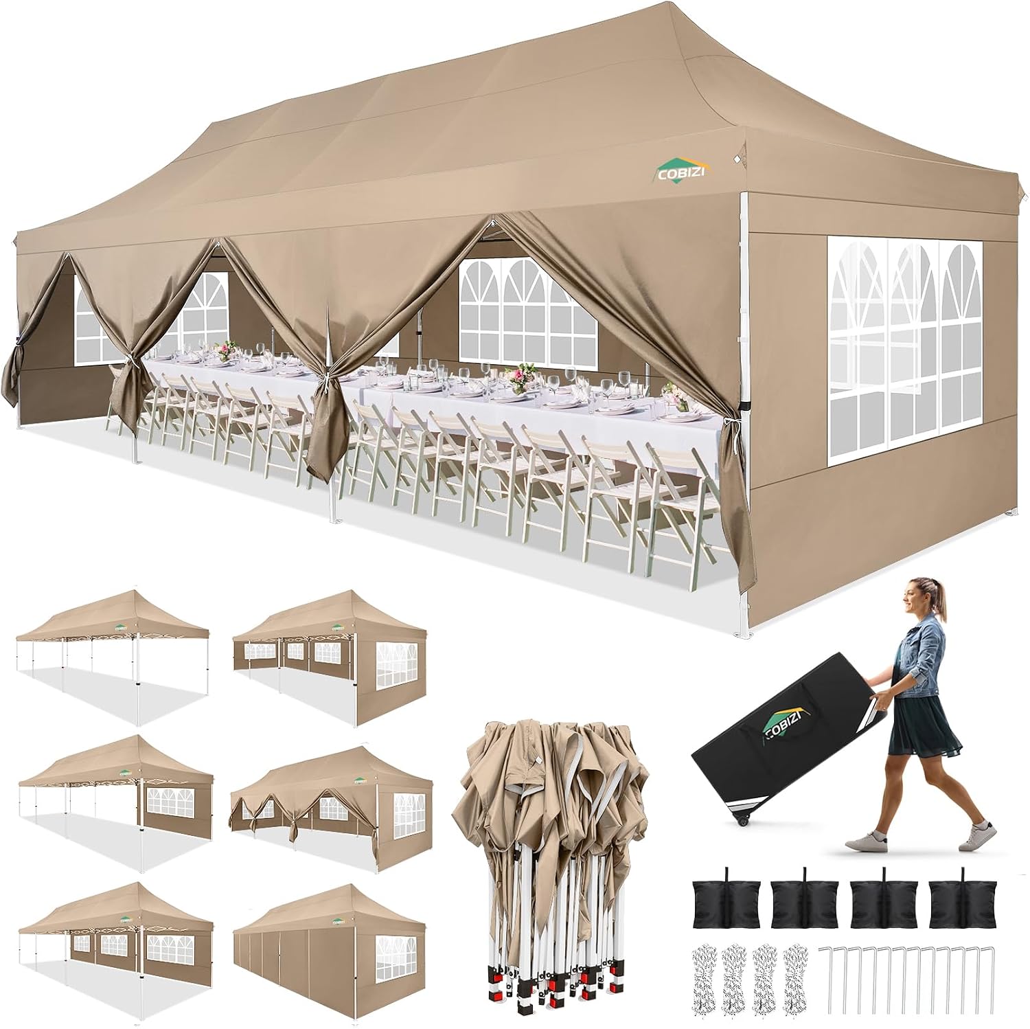 COBIZI 10x30 Pop up Canopy with Roller Bag & 8 Removable Sidewalls, Canopy Tent for Parties, Wedding, and Commercials, Waterproof and Instant Shelter UV50+ Outdoor Gazebo with 4 Sandbags(Khaki)