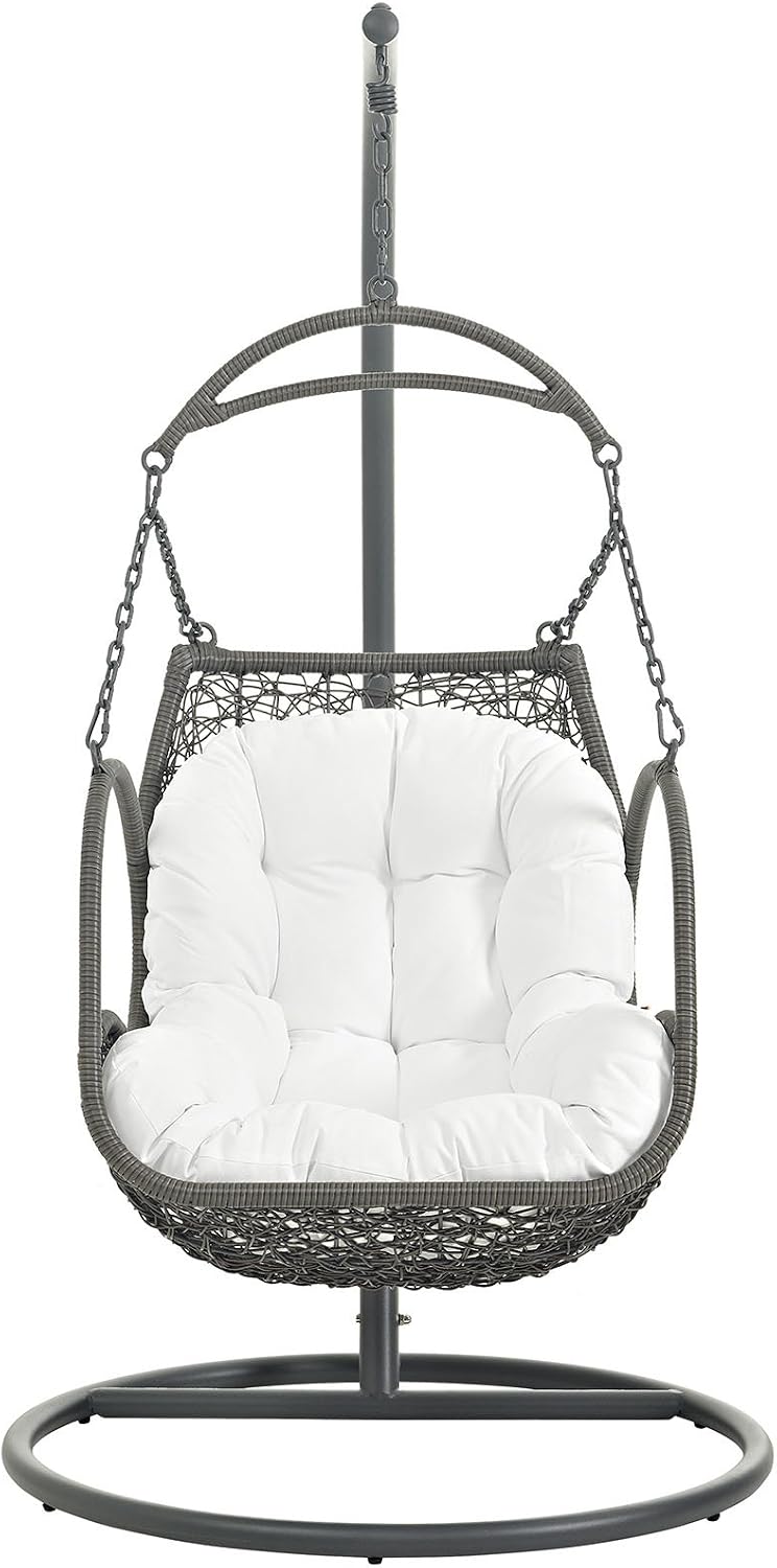 Modway Arbor Wicker Rattan Outdoor Patio Porch Lounge Hanging Swing Chair Set with Stand in White