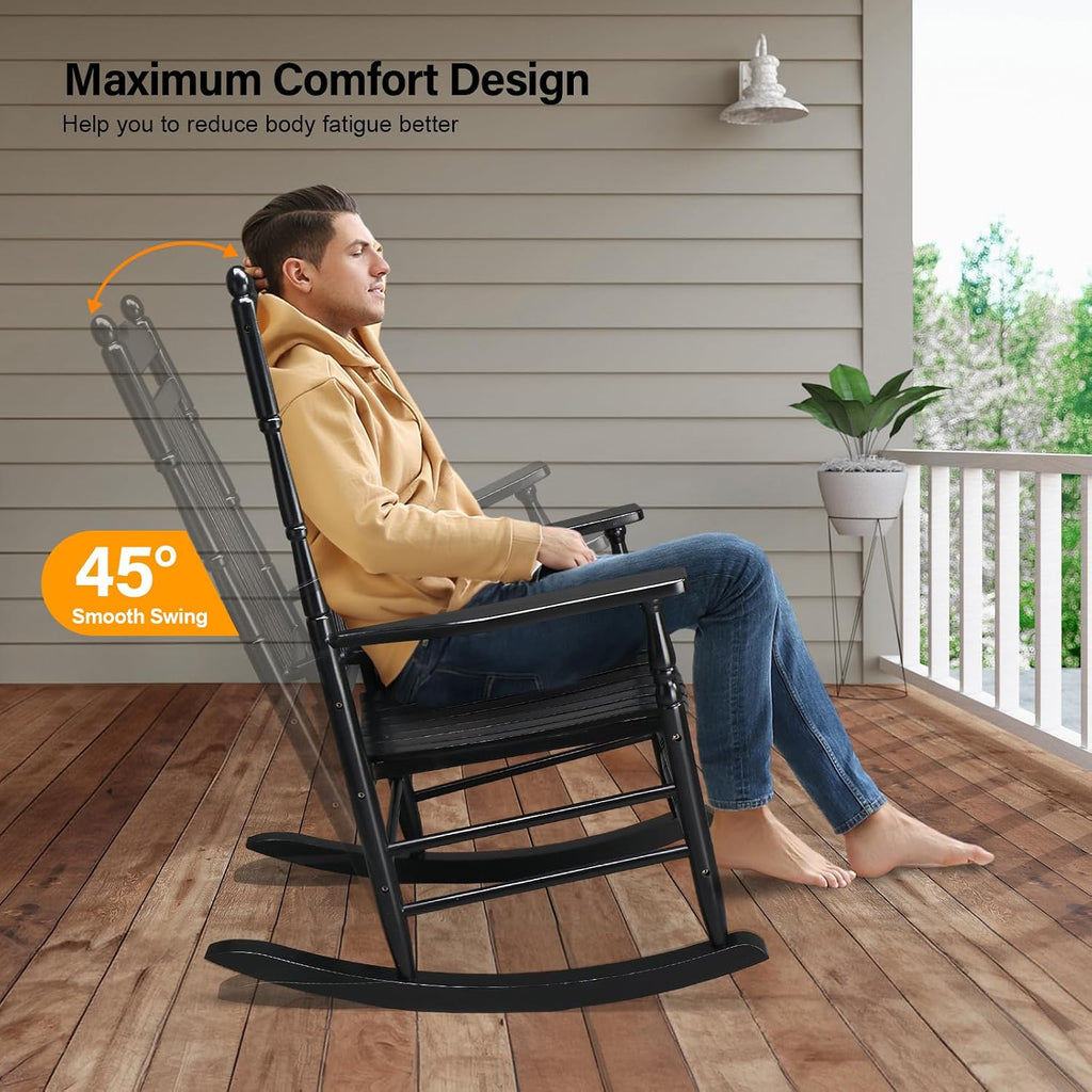VINGLI Wooden Rocking Chair Outdoor Set of 2, Patio Rockers with High Back, Support 450 LBS Rocking Chairs, for Porch, Patio, Balcony, Garden, Yard (Black, 2 PCS)