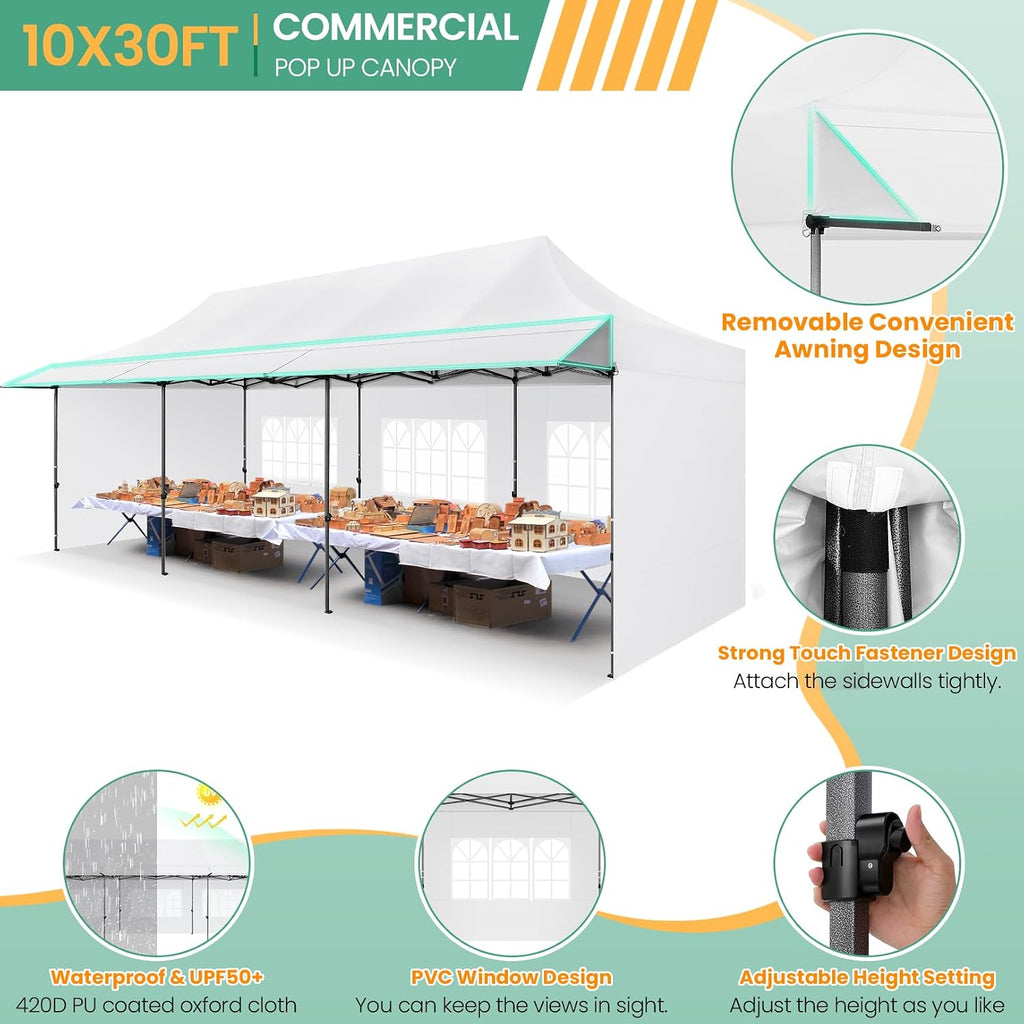 COBIZI 10x30 Pop Up Canopy Tent with Awning & Sidewalls, Heavy Duty Commercial 10X30 Canopy Tents Instant Waterproof, UPF 50+ Sun Shade for Outdoor, Parties, Markets (White)