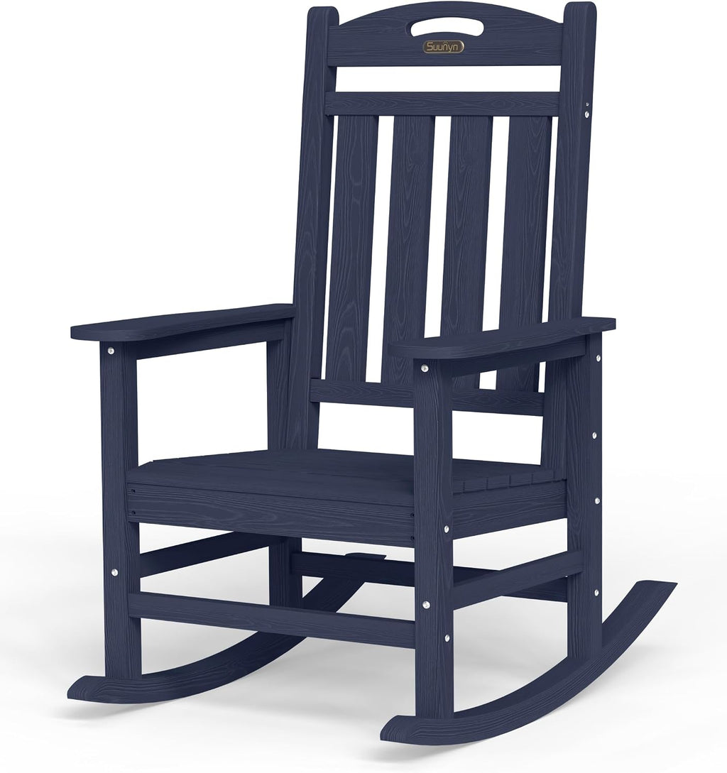 Oversized Outdoor Rocking Chair, High Back Porch Rocker Chair, HDPE All Weather Resistant Rocking Chairs for Patio, 380lbs Weight Capacity, Dark NavyBlue
