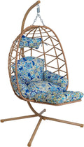 Hanging Egg Chair with Stand & Leg Rest,Rattan Wicker Swing Chair with Cushion,Patio Basket Hanging Chair Wicker Hammock Chair for Indoor Outdoor Bedroom Garden,300LBS (Yellow Rattan&Floral Cushion)