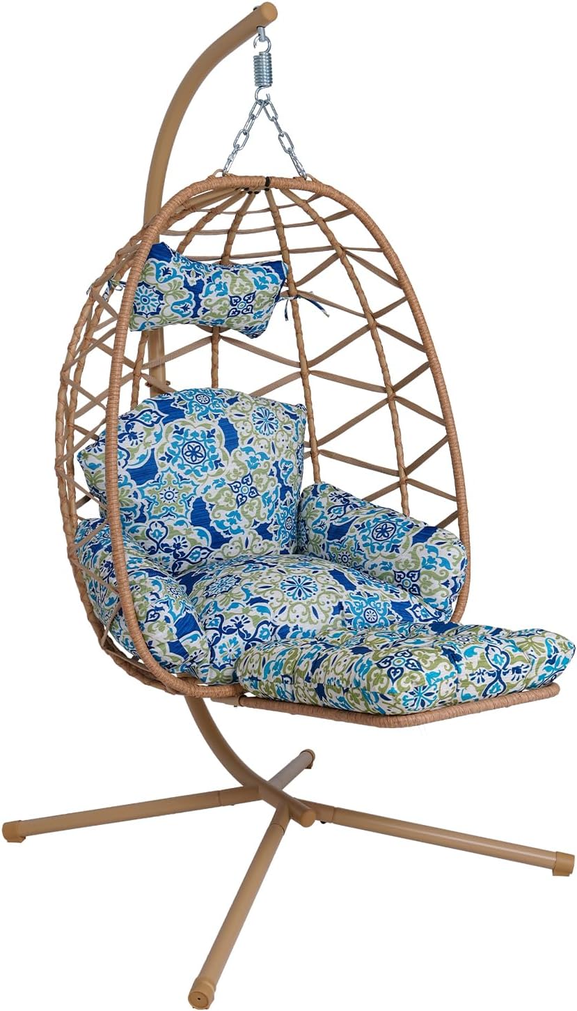 Hanging Egg Chair with Stand & Leg Rest,Rattan Wicker Swing Chair with Cushion,Patio Basket Hanging Chair Wicker Hammock Chair for Indoor Outdoor Bedroom Garden,300LBS (Yellow Rattan&Floral Cushion)