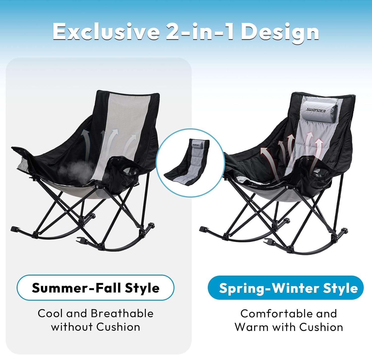 Swonder Oversized Rocking Camping Chair with Innovative 2-in-1 Removable Seat Cushion for All Seasons, Fully Padded Folding Outdoor Chair with Headrest and Carry Bag