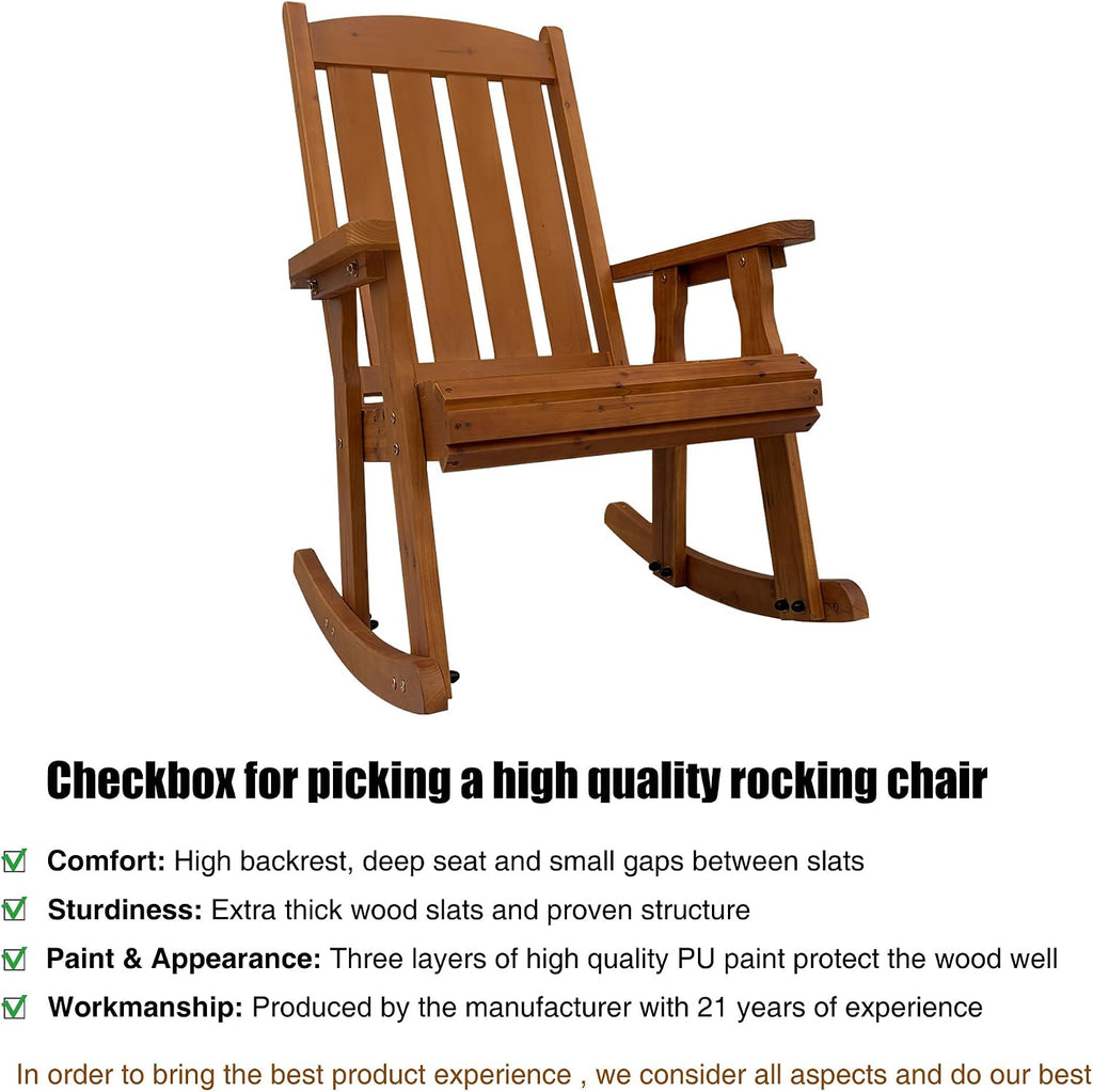 Wooden Rocking Chair with Comfortable Backrest Inclination, High Backrest and Deep Contoured Seat, Solid Fir Wood, Heavy Duty 600 LBS, for Backyard, Porch and Patio (Natural, with Side Table)
