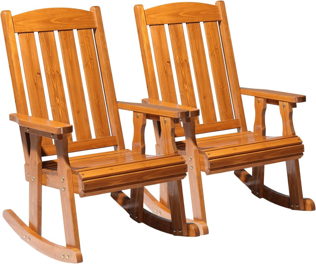 VINGLI Outdoor Rocking Chair, Heavy Duty 600 LBS Wooden Rocking Bench with Comfortable Backrest, Weatherproof Patio Rocker with Ergonomic Design, Wood Rocking Chair for Patio, Garden (Teak, 2 PCS)