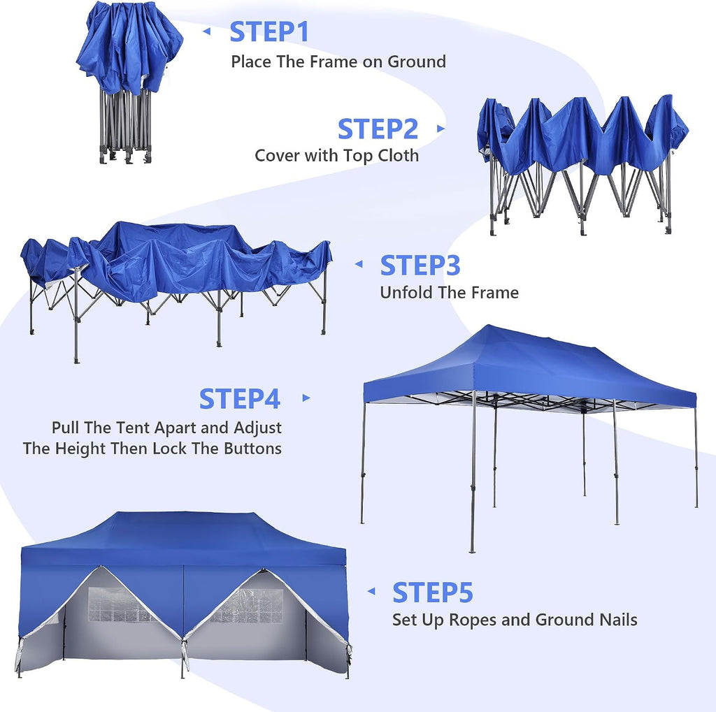 GDY 10'x20' Pop Up Canopy, Folding Party Tent with 6-Panel Removable Sidewalls, Heavy Duty Outdoor Commercial Instant Gazebo with Wheeled Bag, Blue.