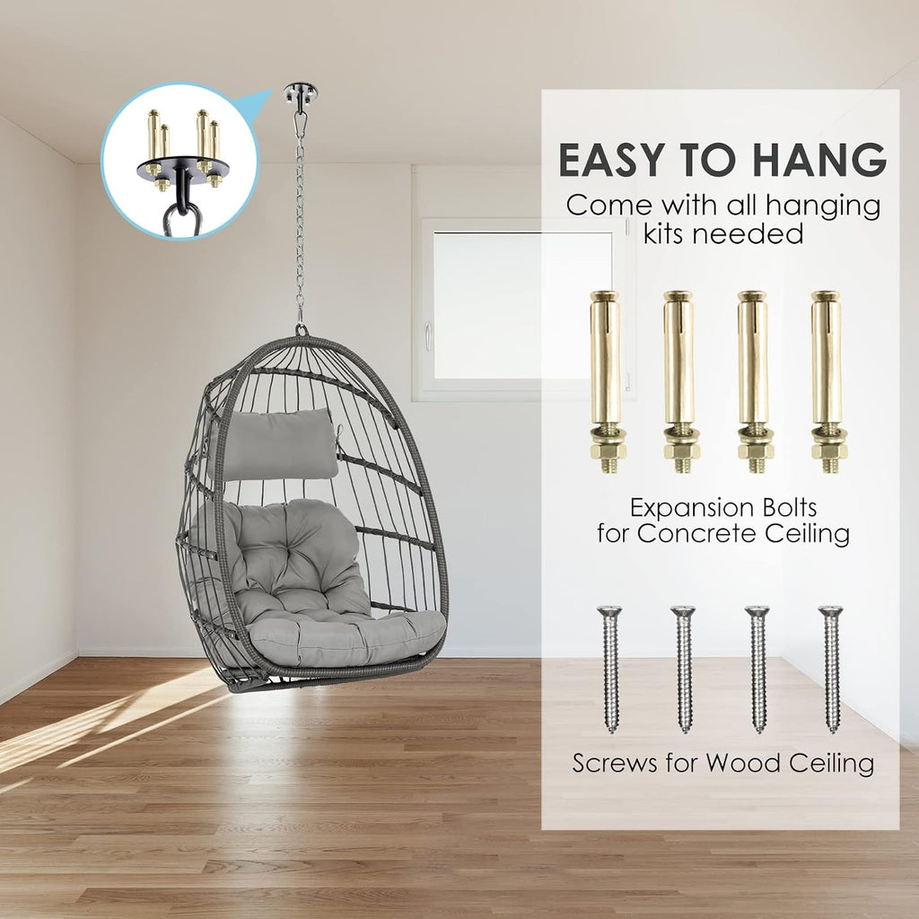 Brafab Wicker Rattan Hammock Egg Swing Chair with Hanging Chain, Aluminum Frame and UV Resistant Cushion, Indoor Outdoor Bedroom Patio Porch Foldable Camping Chair (Without Stand)