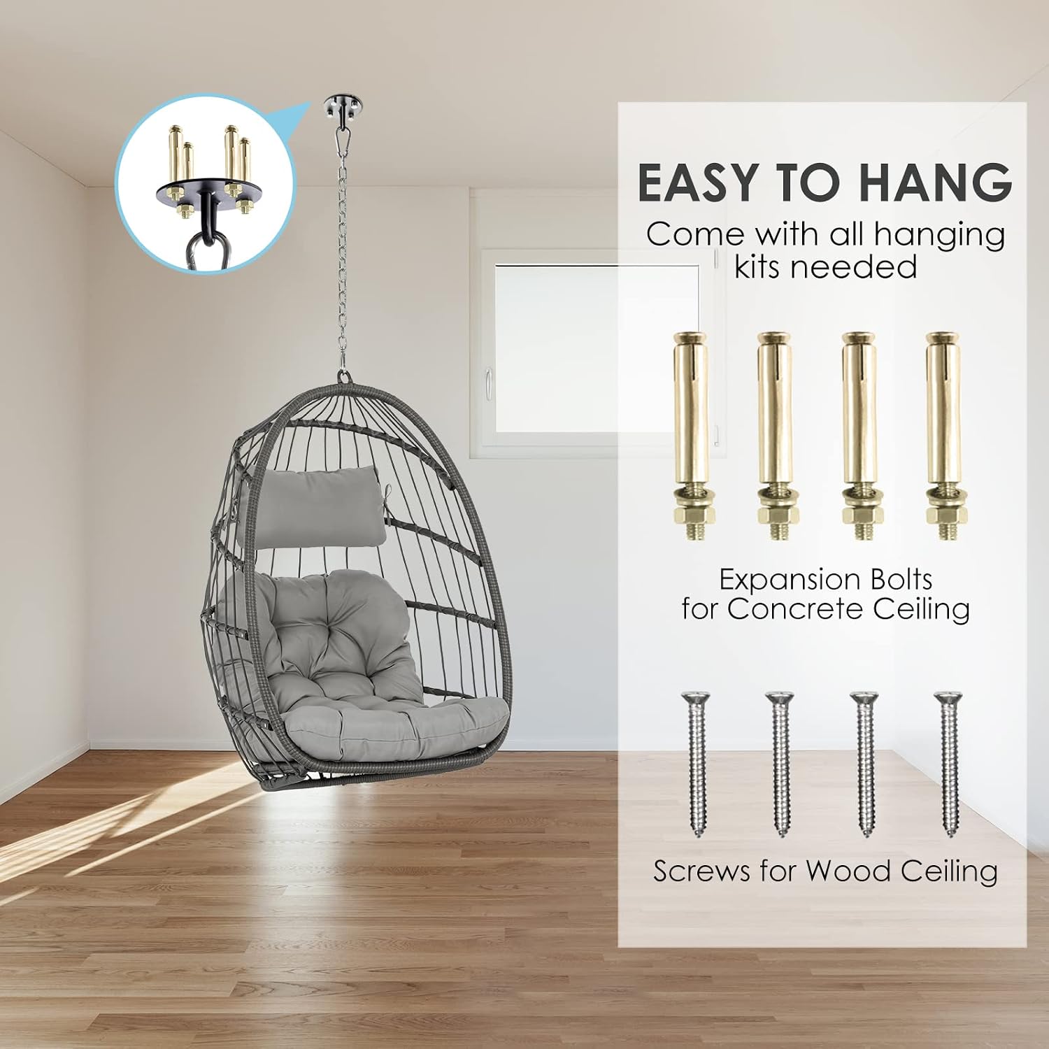 Brafab Wicker Rattan Hammock Egg Swing Chair with Hanging Chain, Aluminum Frame and UV Resistant Cushion, Indoor Outdoor Bedroom Patio Porch Foldable Camping Chair (Without Stand)