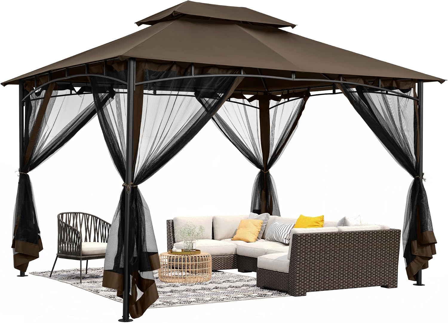 HAPPATIO Patio Gazebo 10' X 12', Ventilated Double Roof & Mosquito Netting, Outdoor Gazebo with Metal Frame, Soft Top Canopy for Backyard, Deck, Poolside, Brown