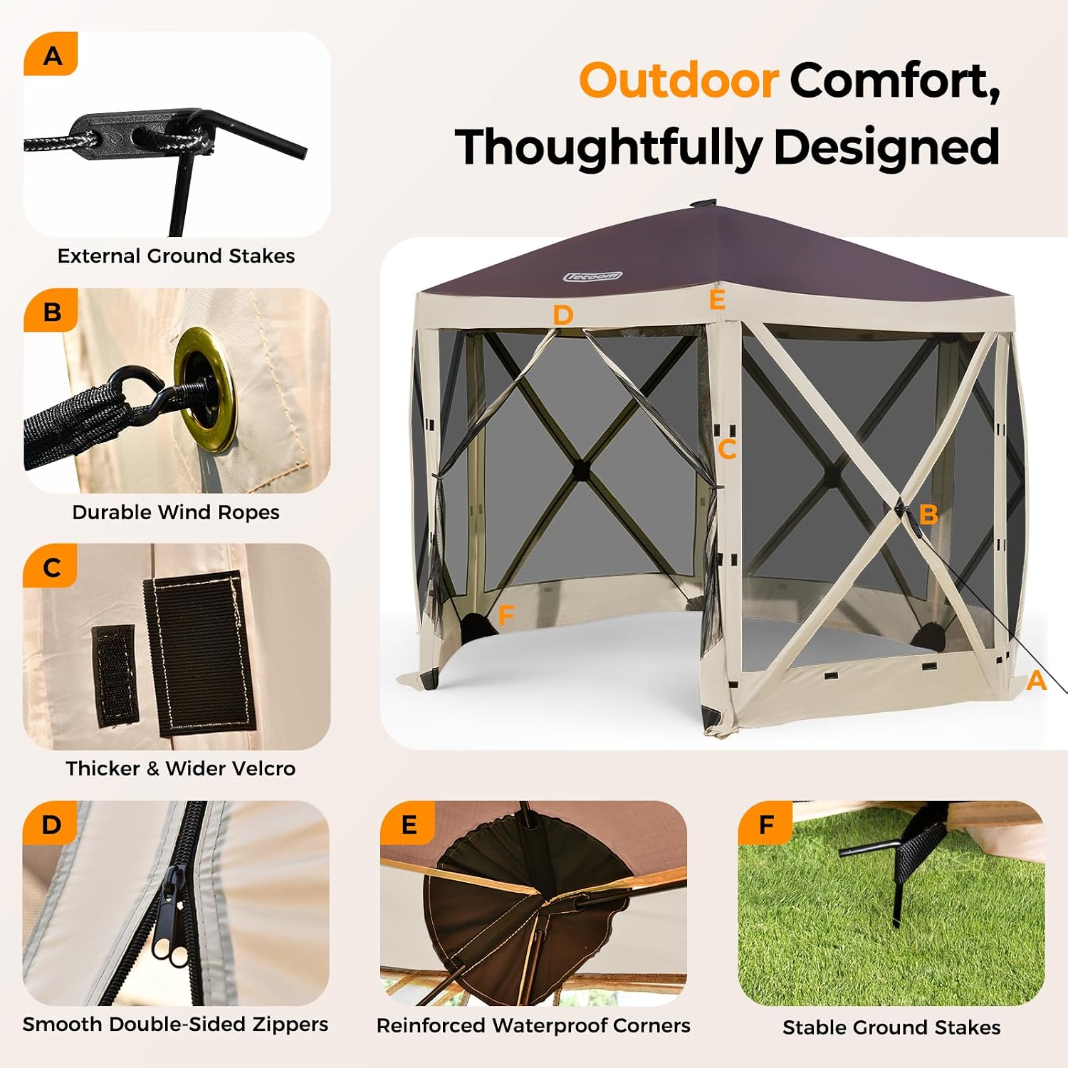 Tecoom 6-Sided 10x10ft Pop Up Gazebo Tent, Screen House with Mosquito Netting Canopy for Camping, Portable Sun Shelter with Removable Siedwalls for Outdoor, Garden, Activities