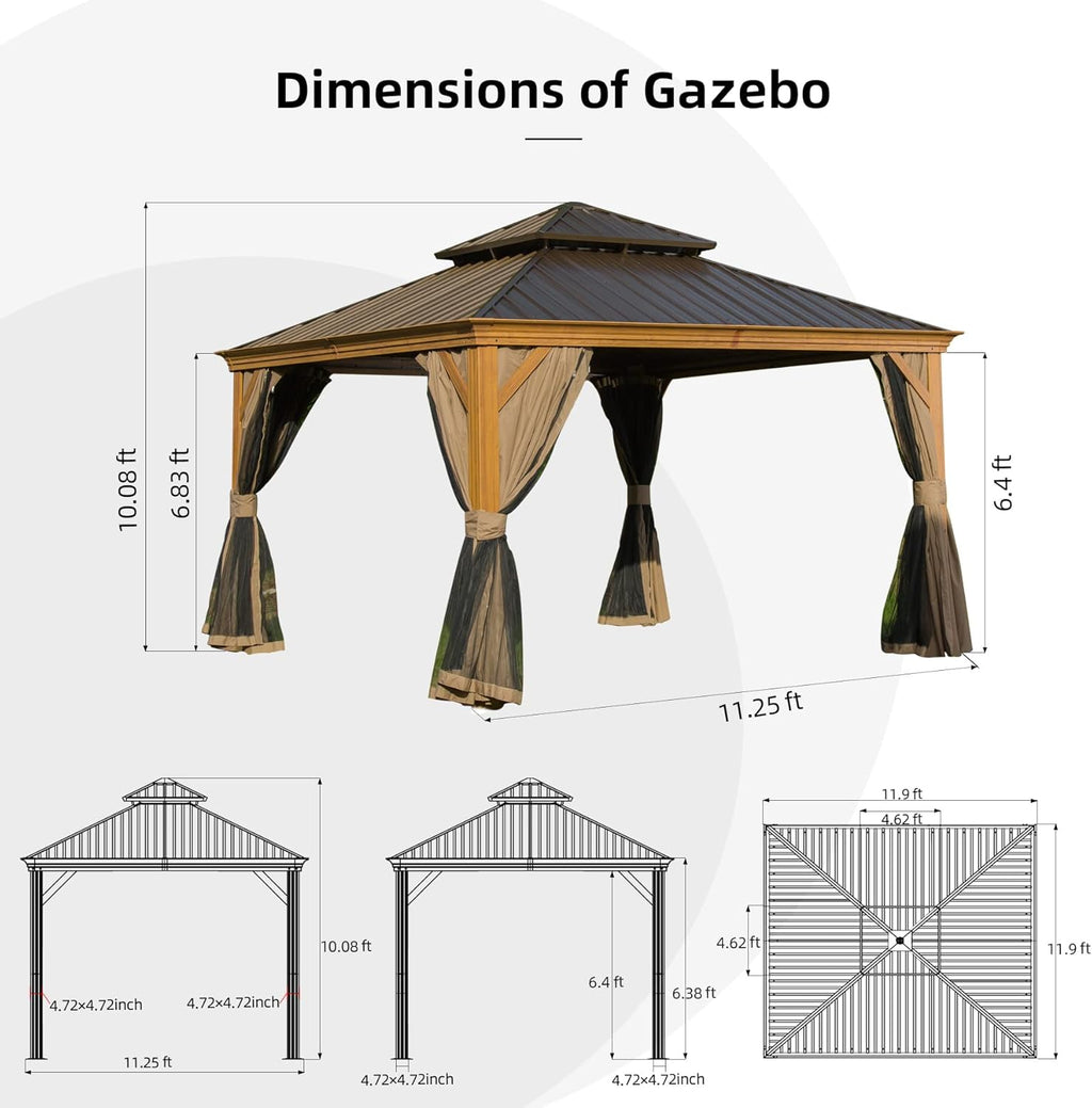 Domi Hardtop Gazebo 12x12FT, Outdoor Gazebo with Galvanized Steel Double Roof, Aluminum Frame, Built-in Gutter System, Curtain and Netting, Metal Gazebo Pavilion for Patio Deck Garden, Wood-Looking