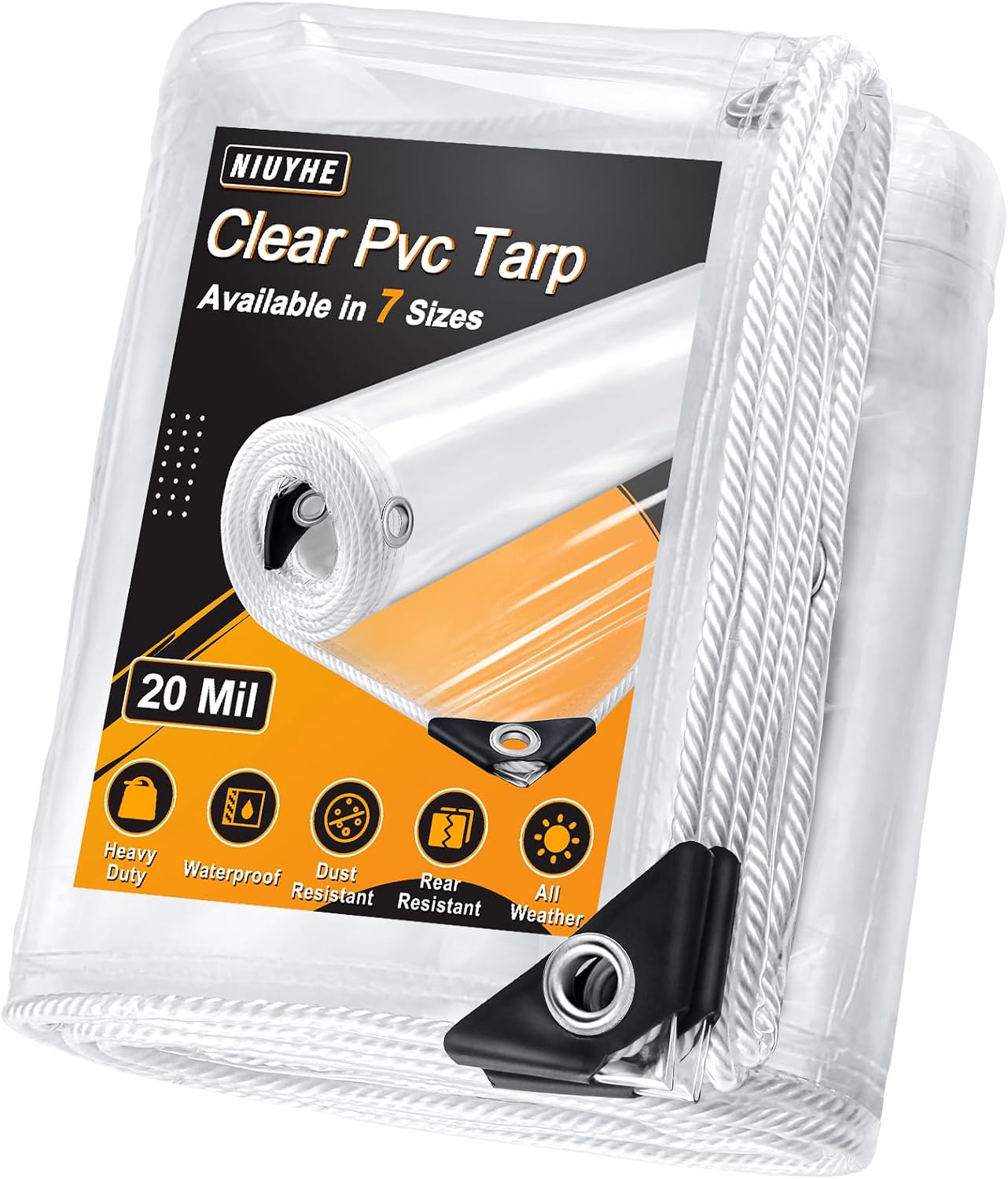 20Mil Clear tarps with Grommets, 10'x16' PVC Plastic Transparent Tarpaulin with Reinforced Edge for Home Garden, Camping, Chicken Coops Cover, Outdoor Clear Vinyl Tarps Heavy Duty Waterproof