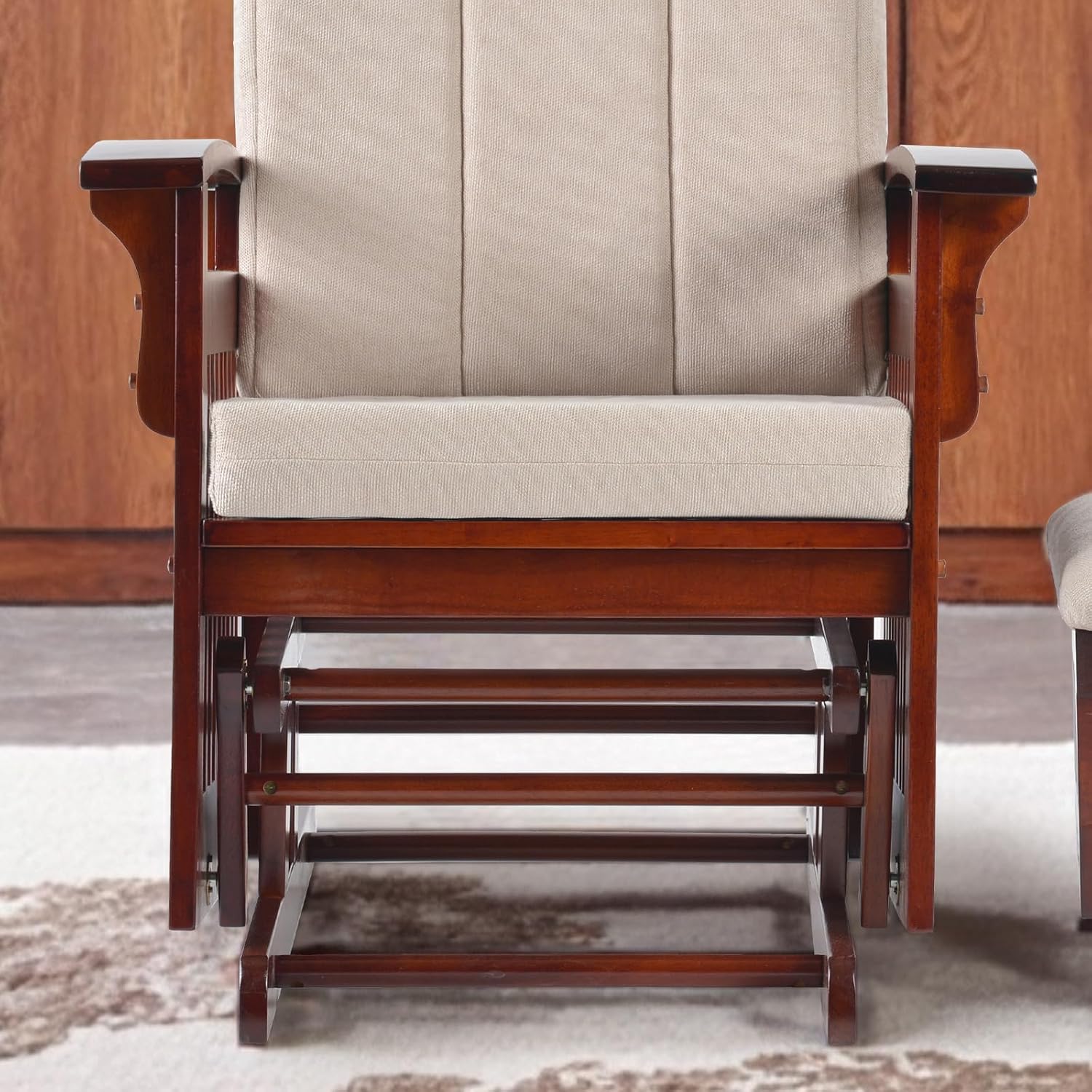 Solid Wood Glider Rocking Chair and Ottoman Set, Rustic Nursery Glider Rocker with Padded Cushion, Smooth Rocking Motion Indoor Living Room Nursing,Napping,Reading, Cream
