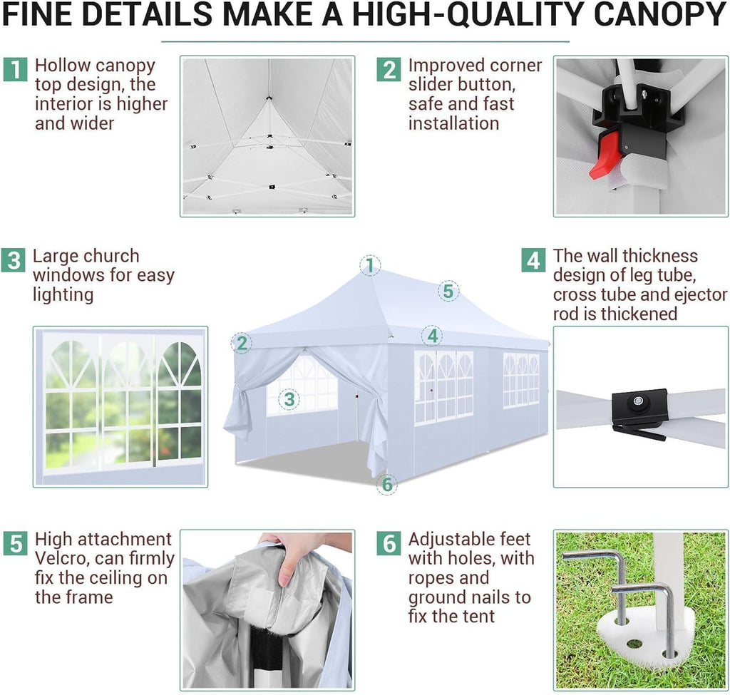 COBIZI 10x20ft Pop Up Canopy Tent with 6 Removable Sidewalls, Easy Up Commercial Canopy, Waterproof and UV50+ Gazebo with Portable Bag, Adjustable Leg Heights,Party Tents for Parties, with 4 Sandbags