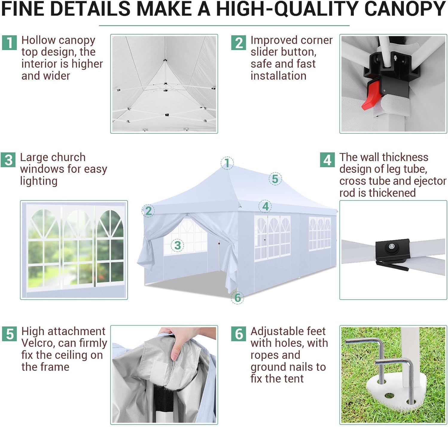 COBIZI 10x20ft Pop Up Canopy Tent with 6 Removable Sidewalls, Easy Up Commercial Canopy, Waterproof and UV50+ Gazebo with Portable Bag, Adjustable Leg Heights,Party Tents for Parties, with 4 Sandbags