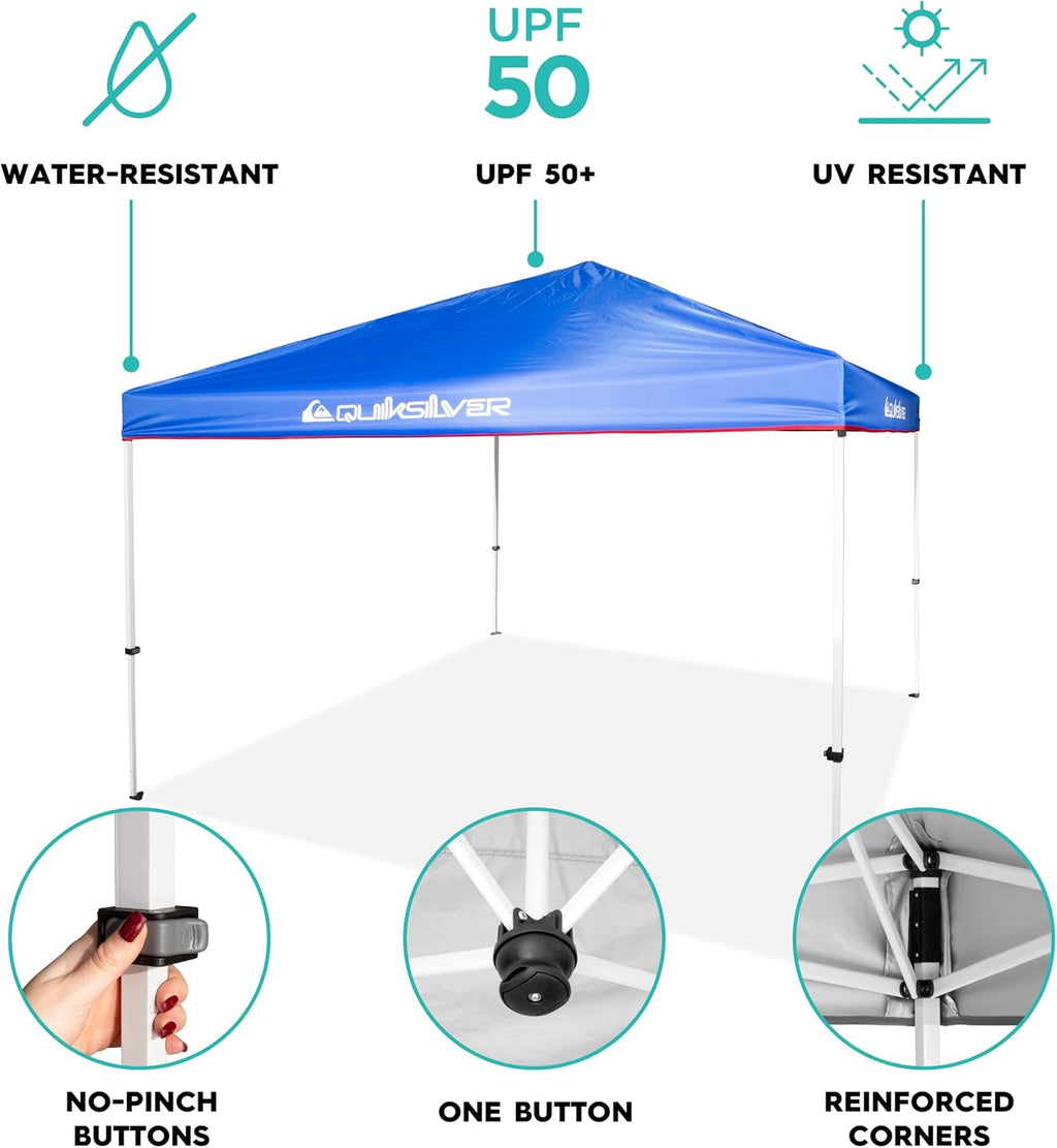 QUIKSILVER Blue 10x10 Pop Up Canopy Shade Tents for Outdoors - Foldable Gazebo Tent, Portable Shade for Yards, Beach, Parties Also Includes a Wheeled Carry Bag