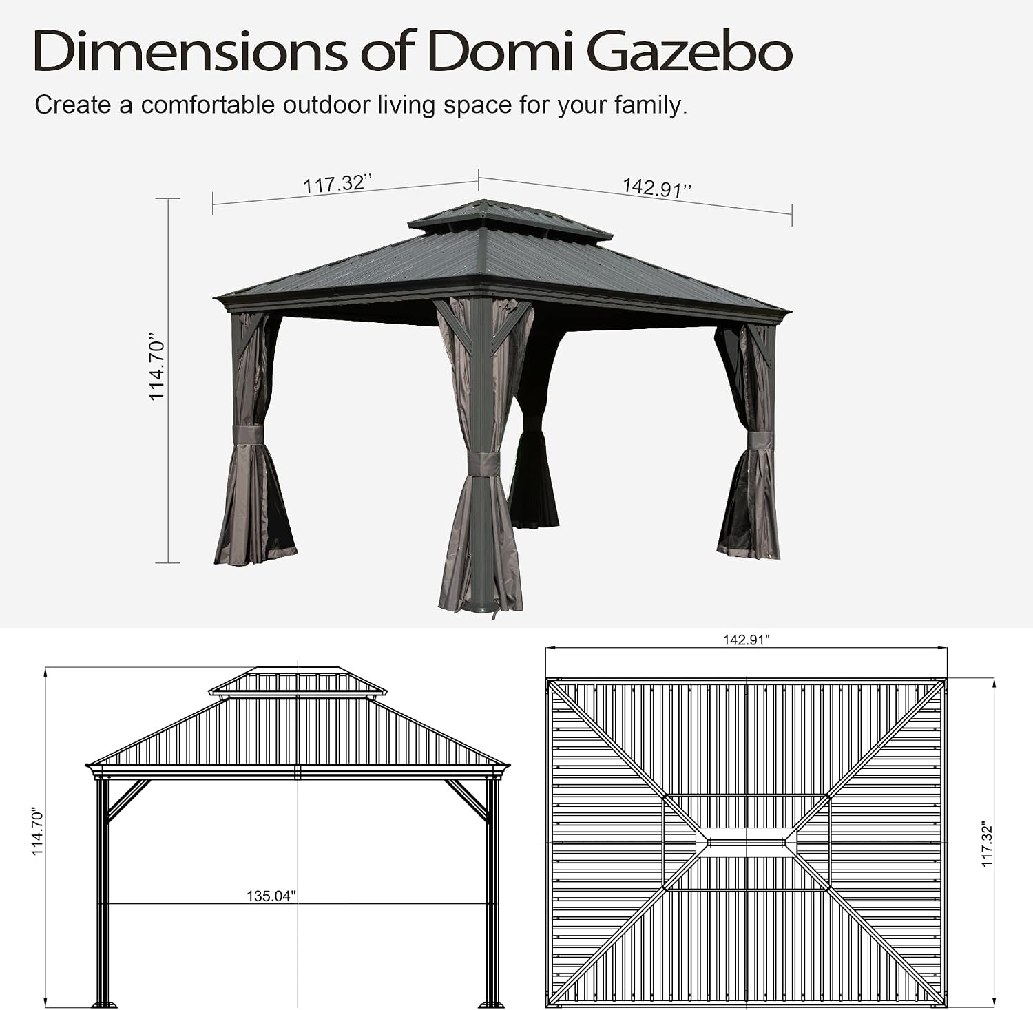 Domi 10x12FT Outdoor Gazebo, Hardtop Gazebo with Galvanized Steel Double Roof, Metal Gazebos with Drainage System Patio Pergola for Patio Deck Backyard,Curtain and Netting,Gray