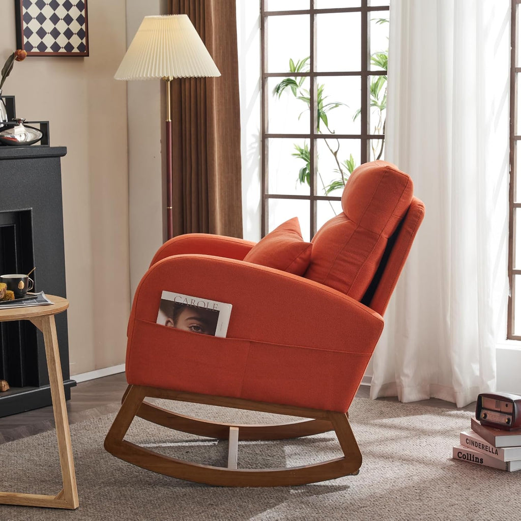 VINGLI Orange Linen Rocking Chair Nursery with Thick Headrest, Upholstered Mid-Century Modern Nursing Rocker Glider with Curved Armrest, Sturdy Solid Wood Base for Living Room, Bedroom, Baby Room