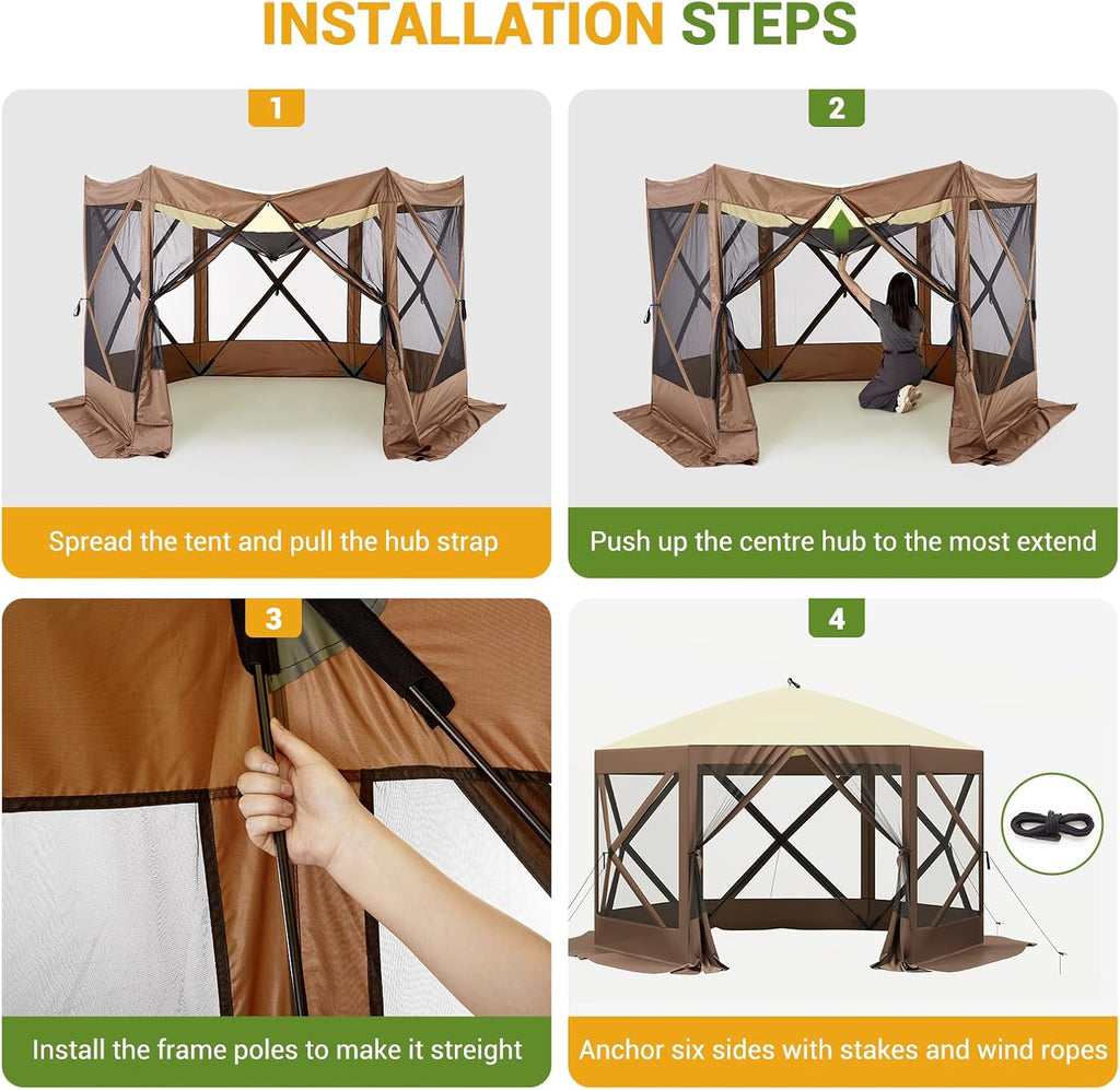Pop Up Gazebo for Camping, 10x10ft Portable Outdoor Netting Canopy Shelter Tent, Folding Lightweight 6 Side Walls Screen House Tent with Storage Bag, Ground Stakes for Patio Backyard Party, Brown